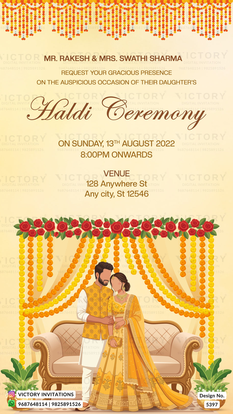 Haldi ceremony invitation card in english language with couple doodle and marigold floral theme design 5397