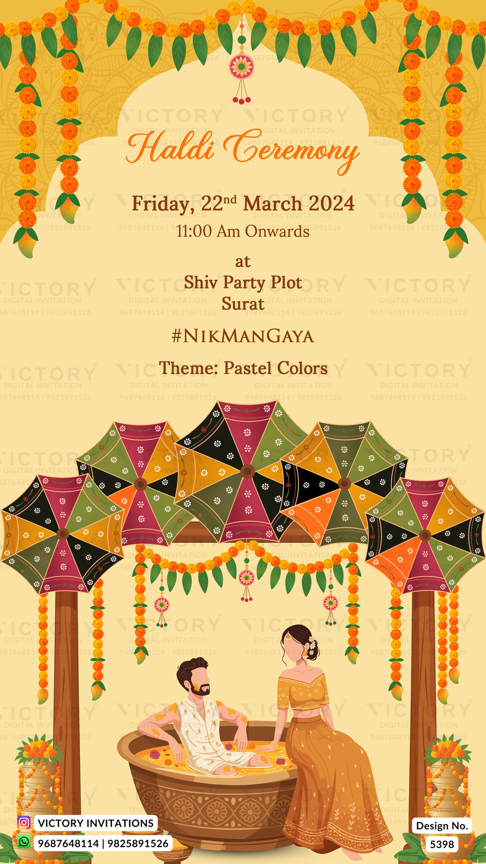 Haldi ceremony invitation card in english language with couple urli doodle and rajasthani umbrella theme design 5398
