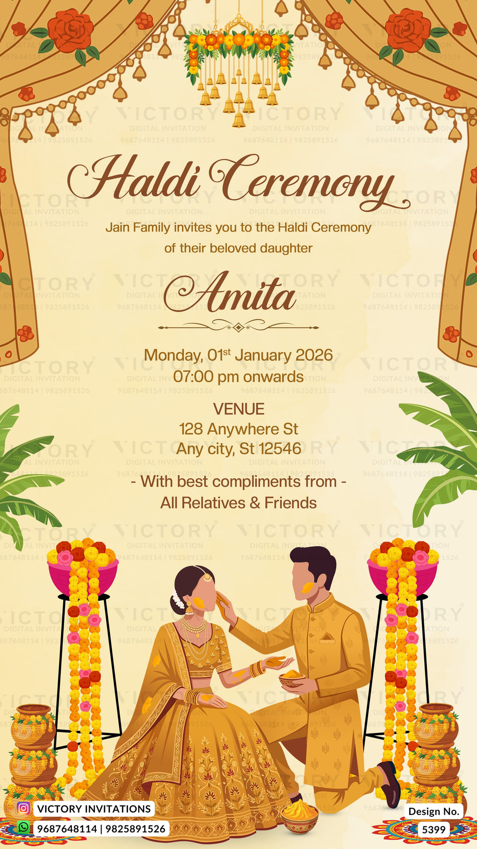 Haldi ceremony invitation card in english language with couple doodle and canopy curtain theme design 5399