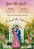 Romantic couple caricature invitation card for Save the Date in English language with flowers, leaves as garden theme design 54