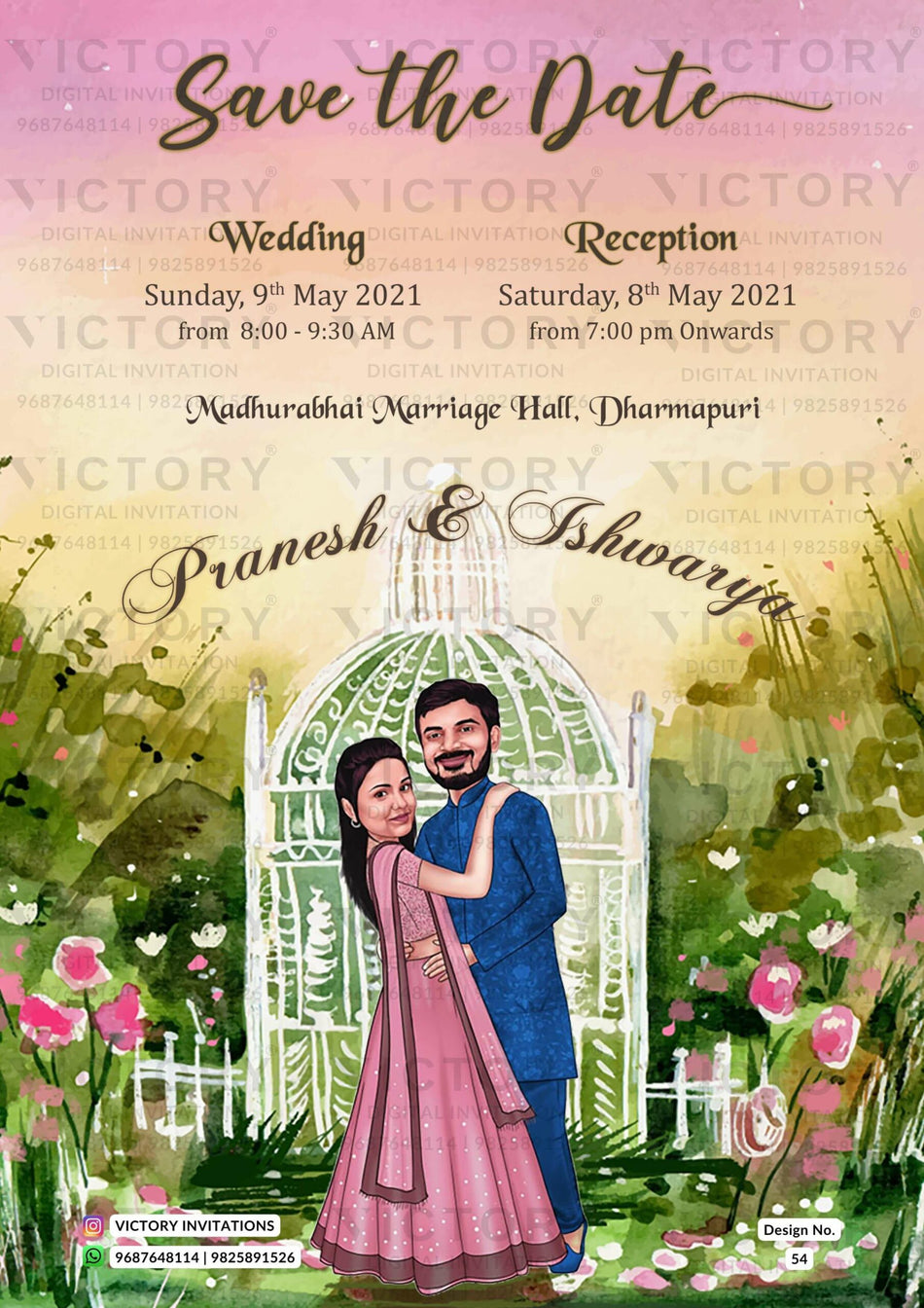 Romantic couple caricature invitation card for Save the Date in English language with flowers, leaves as garden theme design 54