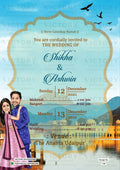 Romantic couple caricature invitation card for wedding ceremony of hindu rajasthani royal family in english language with temple and arch theme design 540