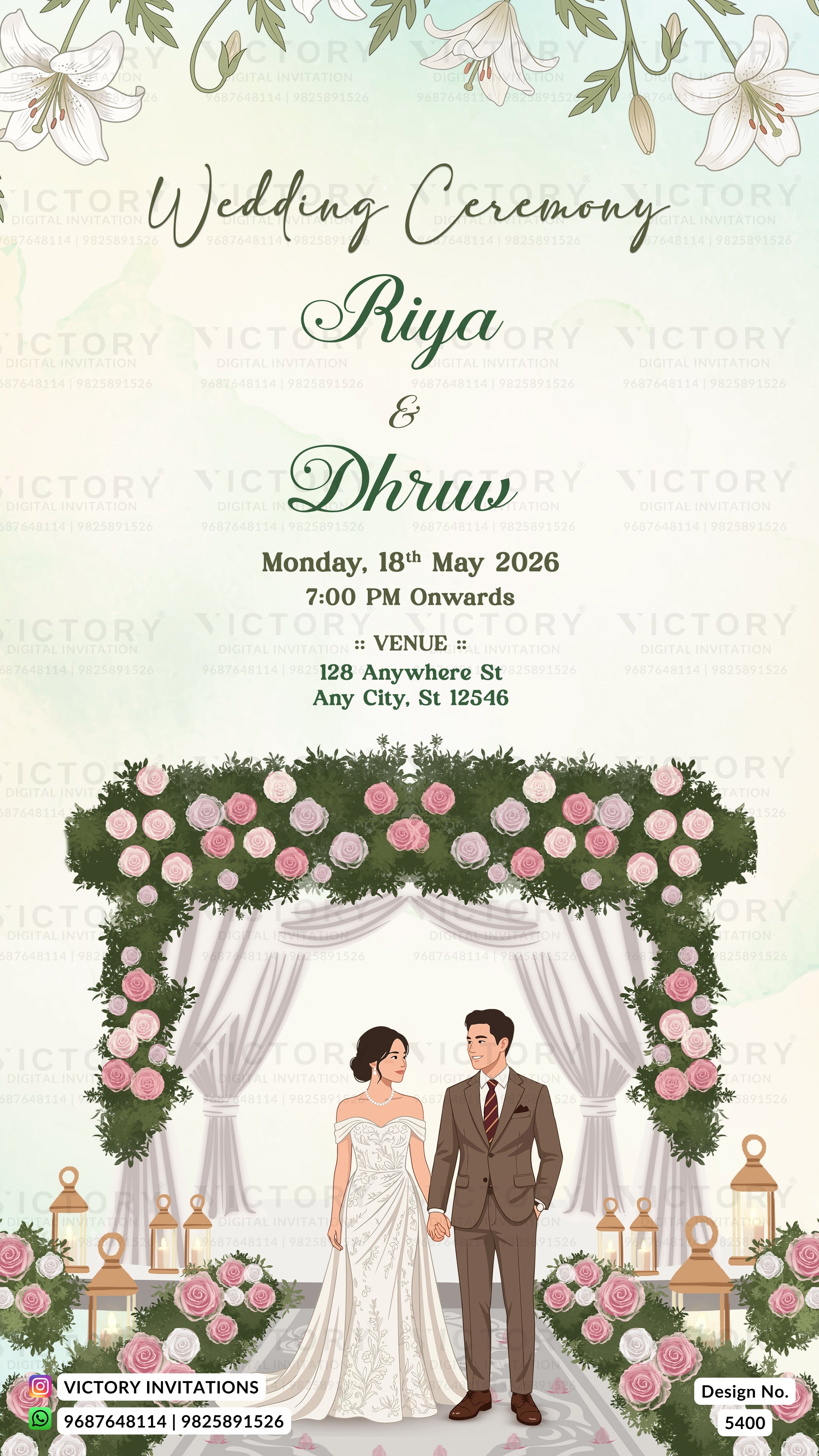A wedding invitation card design featuring a floral arch illustration with a bride and groom standing beneath it. The top text reads 'Wedding Ceremony' and the names 'Riya & Dhruw,' with event details below.