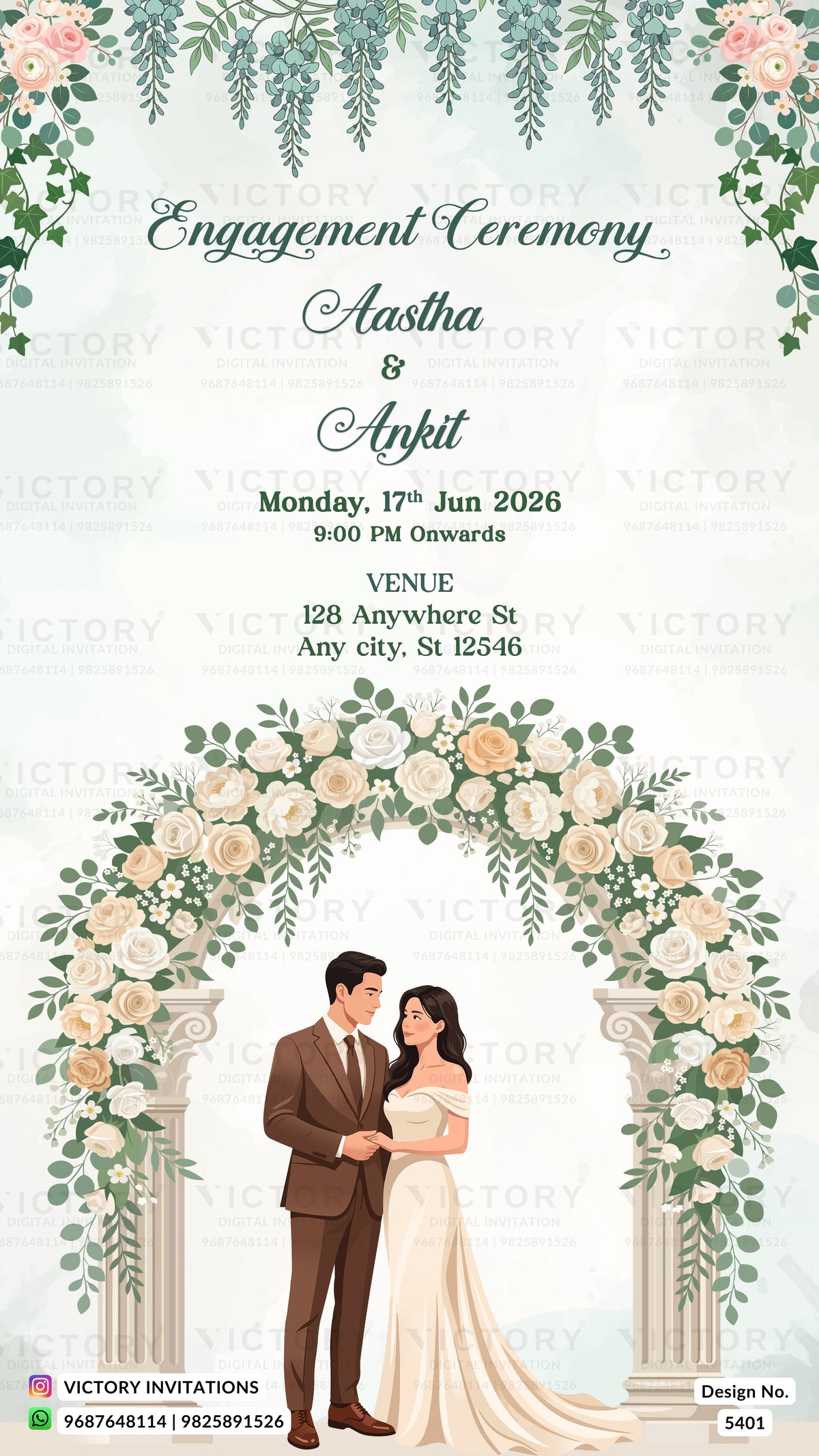 Engagement ceremony invitation card featuring a floral arch illustration with a bride and groom under hanging greenery, with event text above and Victory Invitations branding at the bottom.