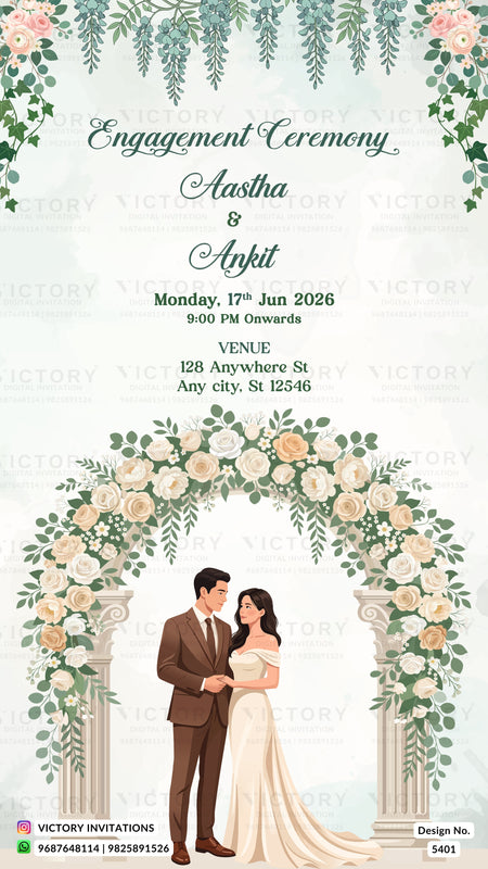 Engagement ceremony invitation card featuring a floral arch illustration with a bride and groom under hanging greenery, with event text above and Victory Invitations branding at the bottom.