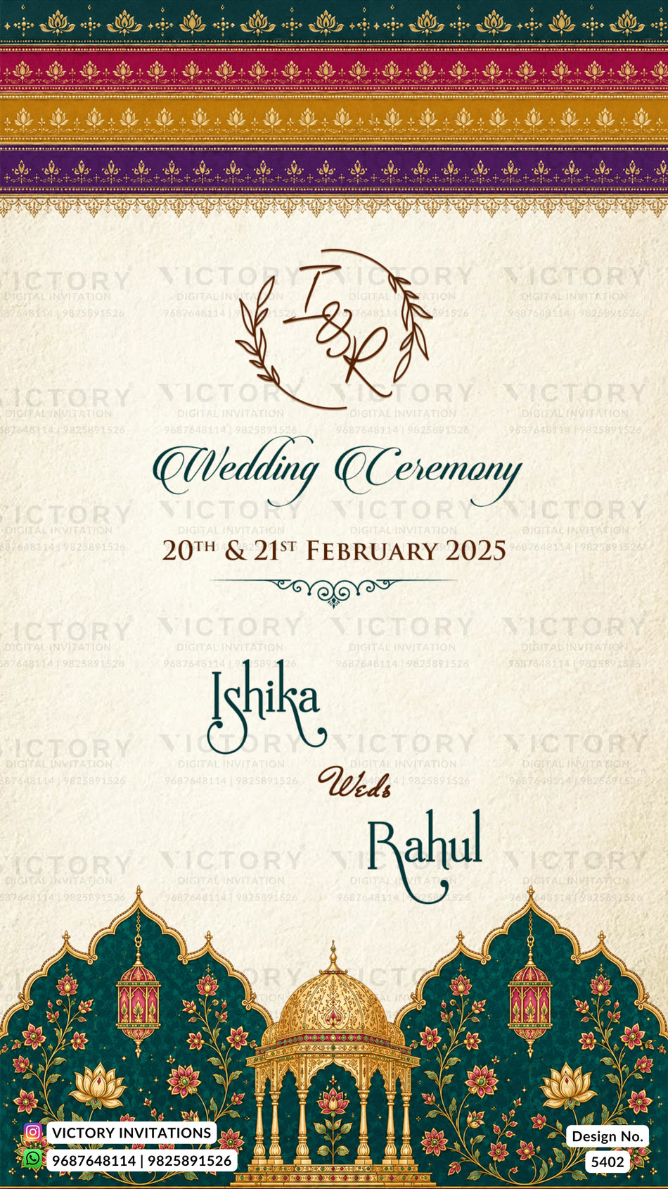 Wedding ceremony invitation card of hindu indian family in english language with royal palace pavilion and multi color arch theme design 5402