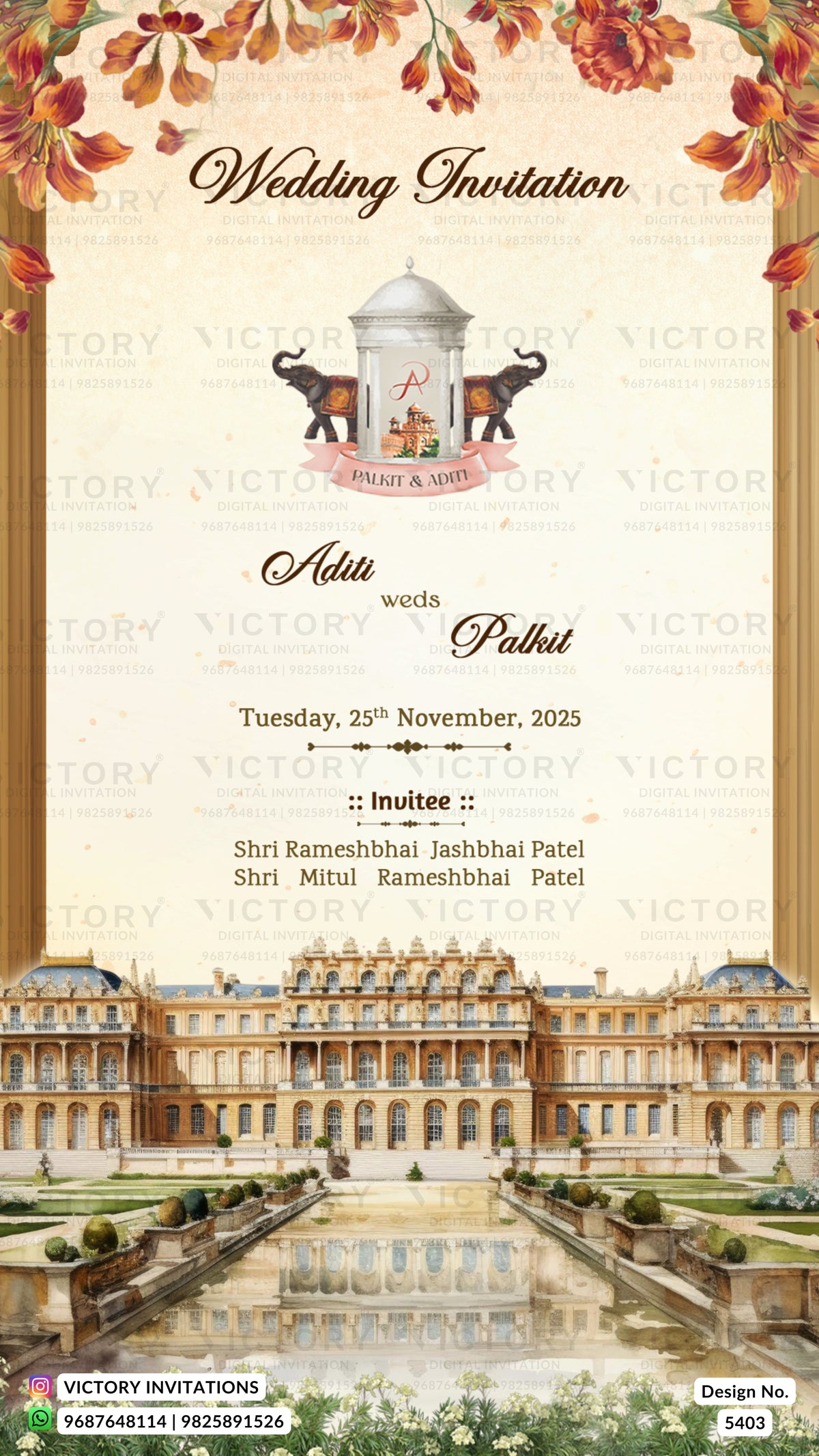 A wedding invitation card design featuring a large classical palace illustration at the bottom, autumn leaves and floral borders at the top, and elegant text reading 'Wedding Invitation' and 'Adiu weds Palku' with event details and names.