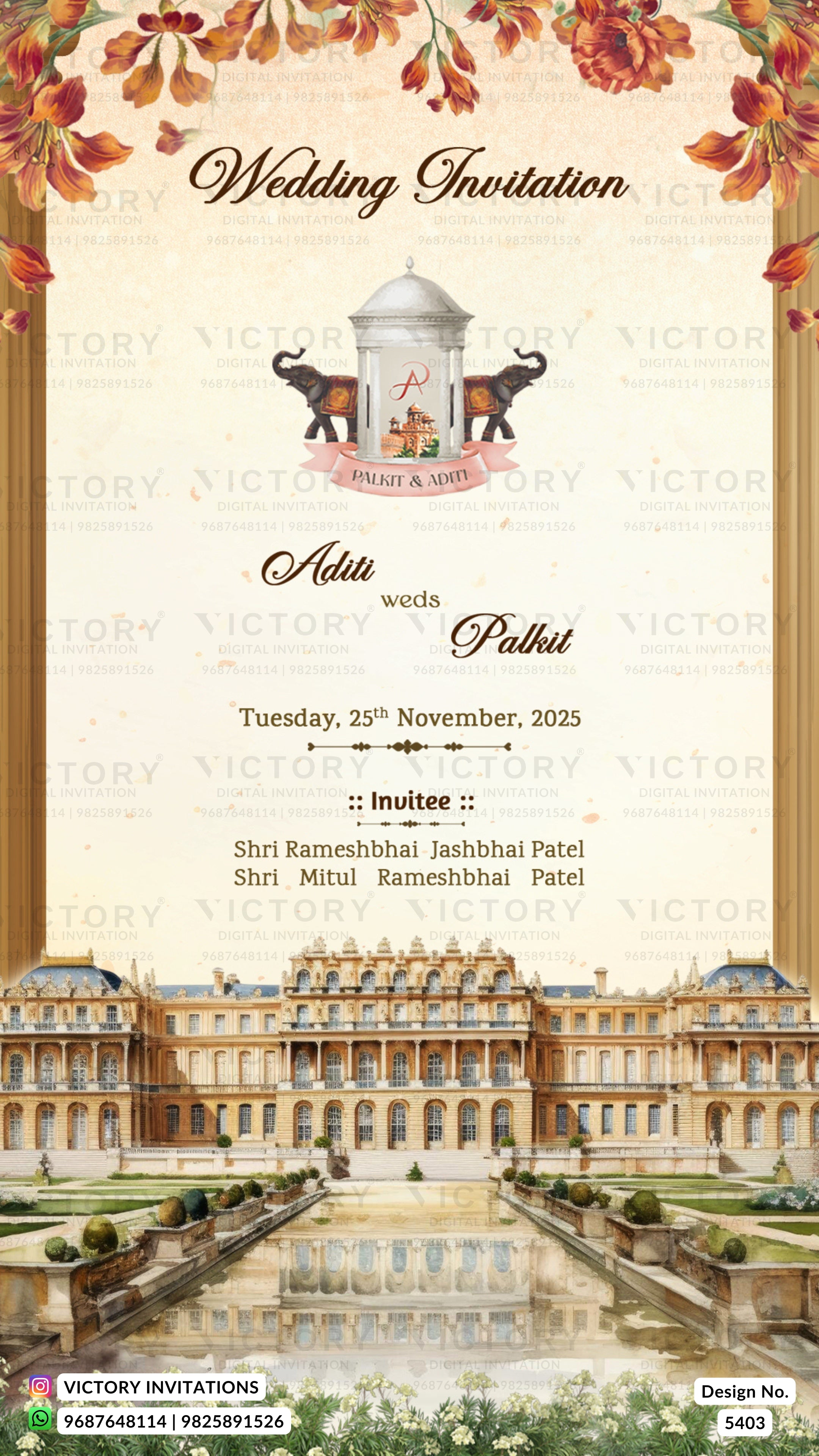 A wedding invitation card design featuring a large classical palace illustration at the bottom, autumn leaves and floral borders at the top, and elegant text reading 'Wedding Invitation' and 'Adiu weds Palku' with event details and names.