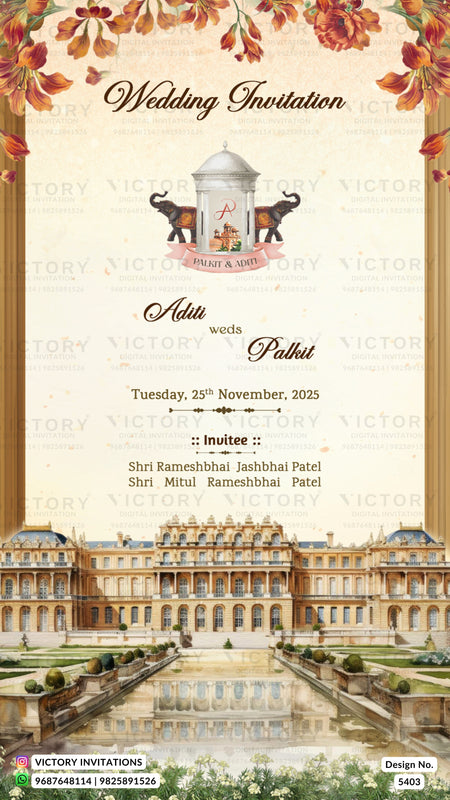 A wedding invitation card design featuring a large classical palace illustration at the bottom, autumn leaves and floral borders at the top, and elegant text reading 'Wedding Invitation' and 'Adiu weds Palku' with event details and names.