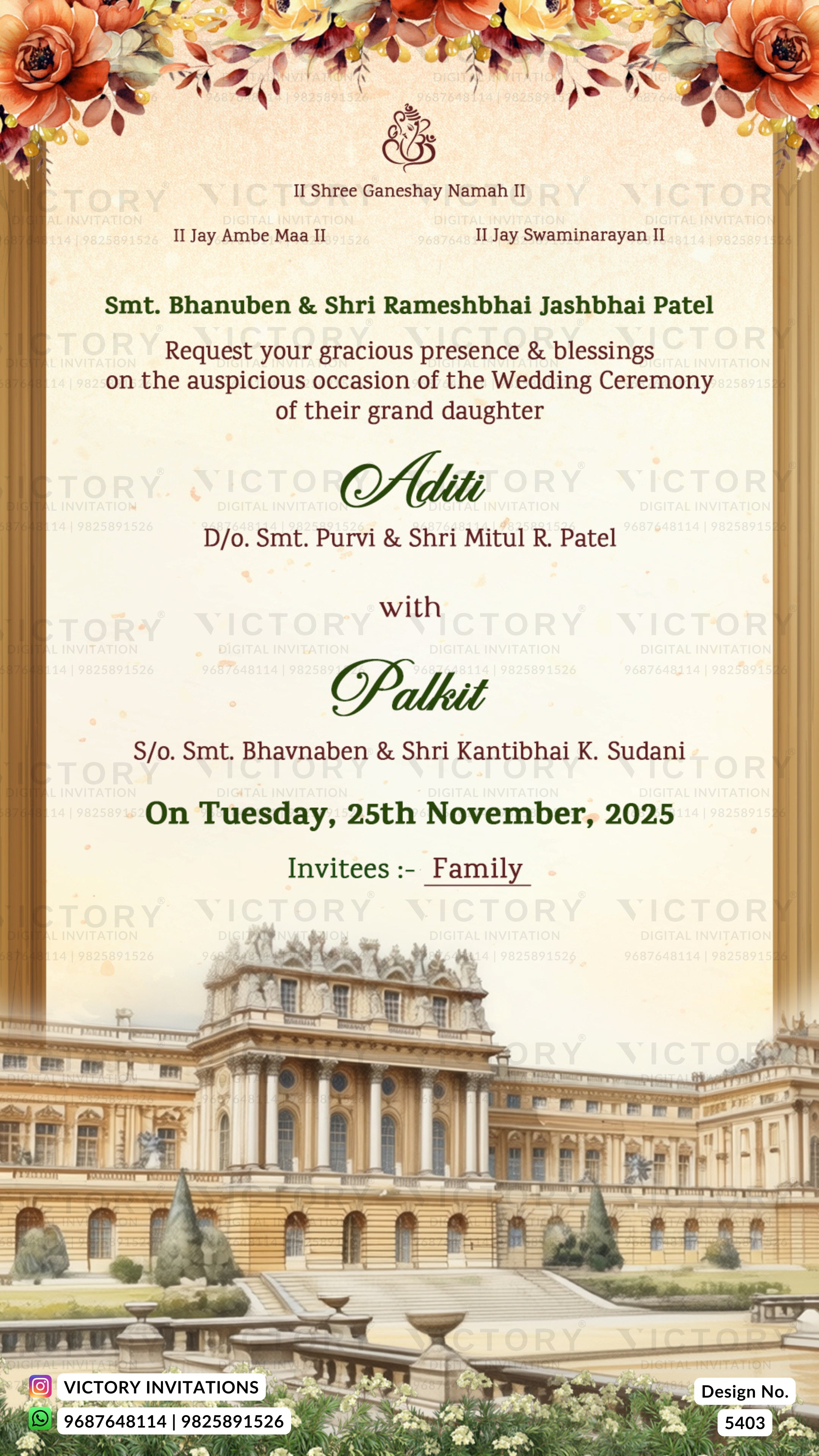 A wedding invitation card from Victory Invitations featuring an elegant cream and gold design with floral accents at the top, formal Hindi text, and a classical palace illustration at the bottom.
