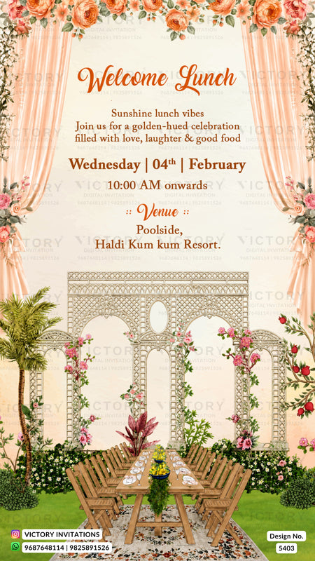 A digital invitation card design for a wedding lunch, featuring a peach and cream floral theme with a decorated outdoor dining setup under a white arched pavilion. The text reads 'Welcome Lunch' and details the event at Haldi Kum Resort.
