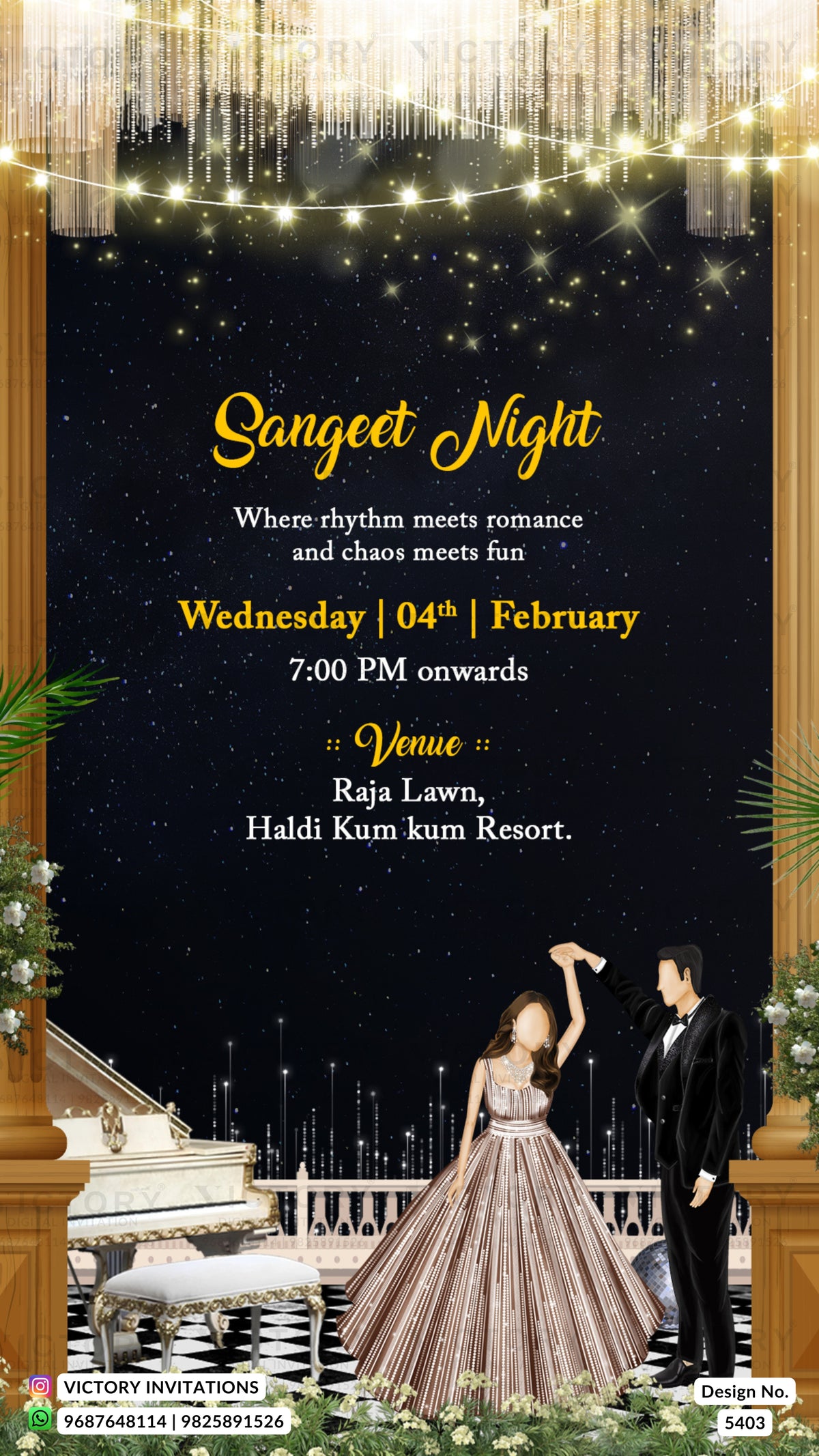 A digital invitation card for a 'Sangeet Night' event, featuring a dark starry night sky background, elegant gold typography, and an illustration of a dancing couple in a ballroom at the bottom.