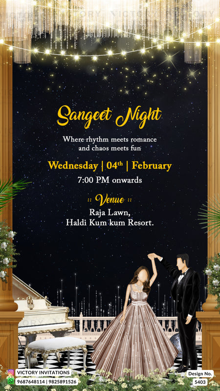 A digital invitation card for a 'Sangeet Night' event, featuring a dark starry night sky background, elegant gold typography, and an illustration of a dancing couple in a ballroom at the bottom.