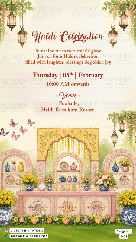 A festive Haldi Celebration invitation card featuring a detailed traditional Indian Haldi Kumari altar illustration with flowers, hanging lanterns, butterflies, and green foliage on a cream background with red text.