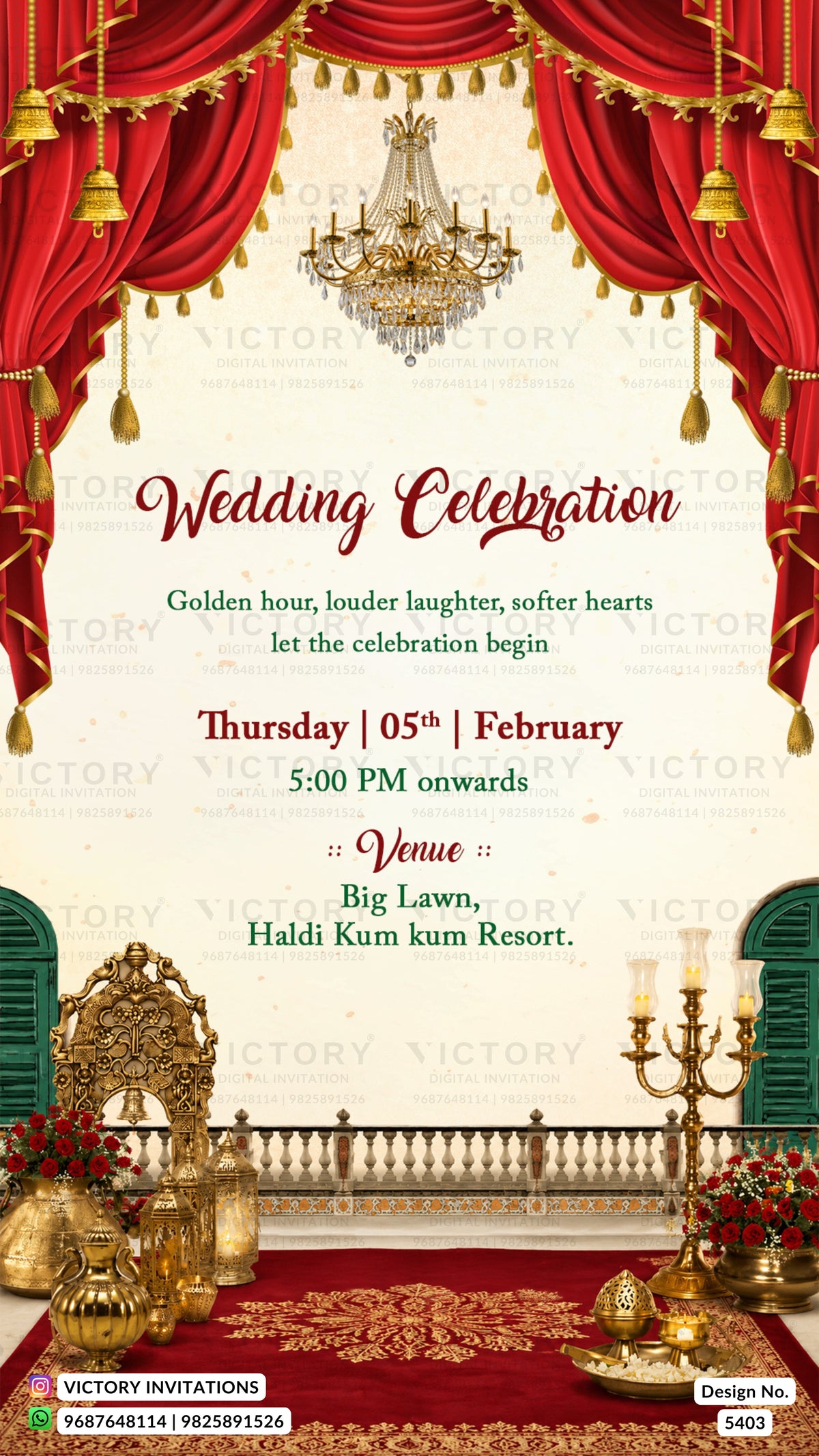 A wedding invitation card design with a royal theme, featuring red curtains, a chandelier, golden throne and candelabras, and elegant script text on a cream background.