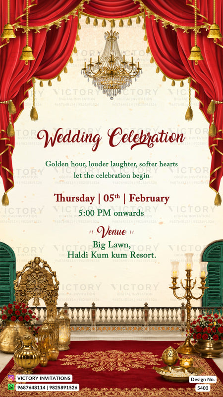 A wedding invitation card design with a royal theme, featuring red curtains, a chandelier, golden throne and candelabras, and elegant script text on a cream background.