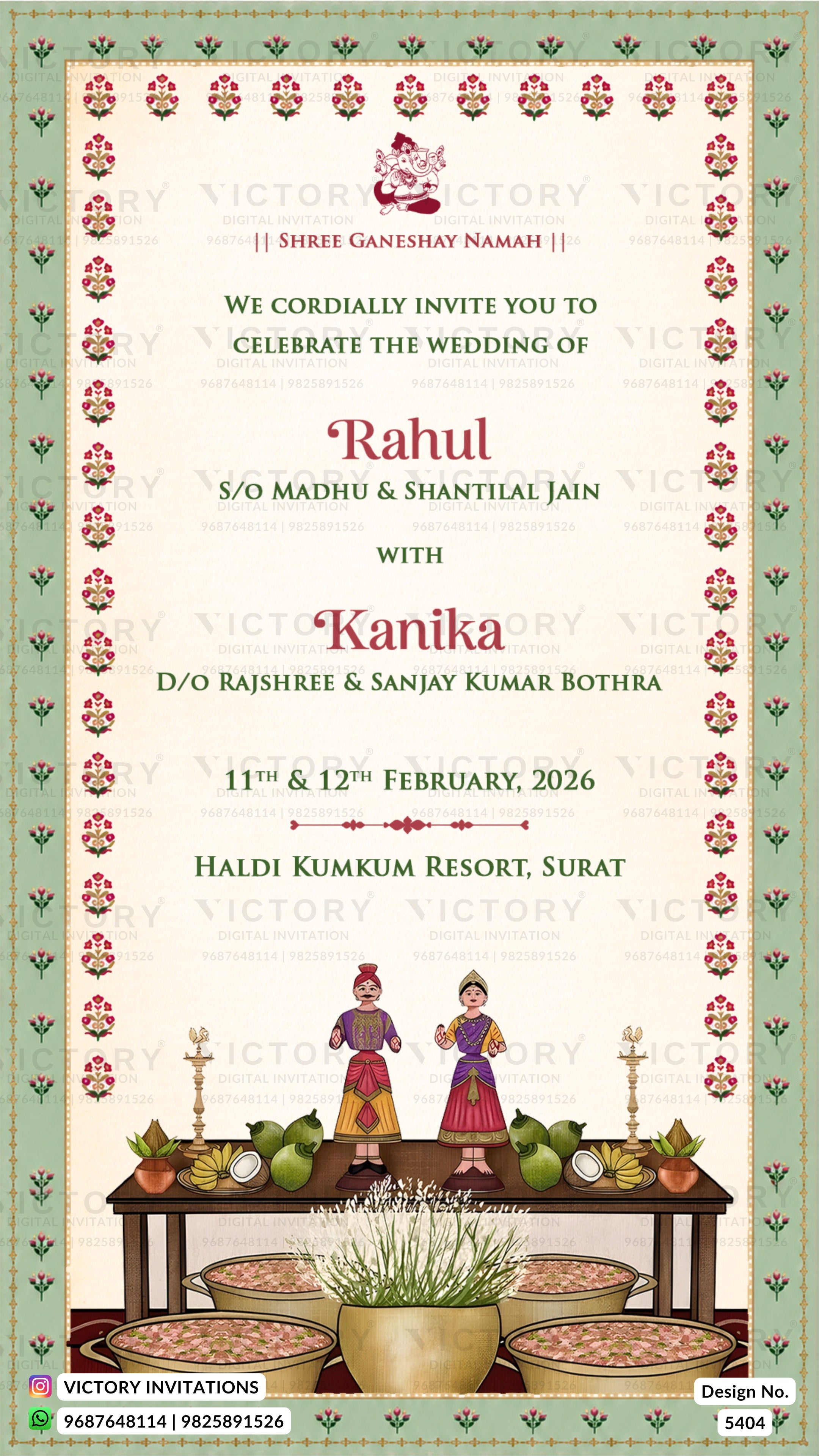 A traditional Indian wedding invitation card from Victory Invitations, featuring a cream-colored background with a green patterned border, red and black text, and an illustration of a decorated table with traditional attire at the bottom.