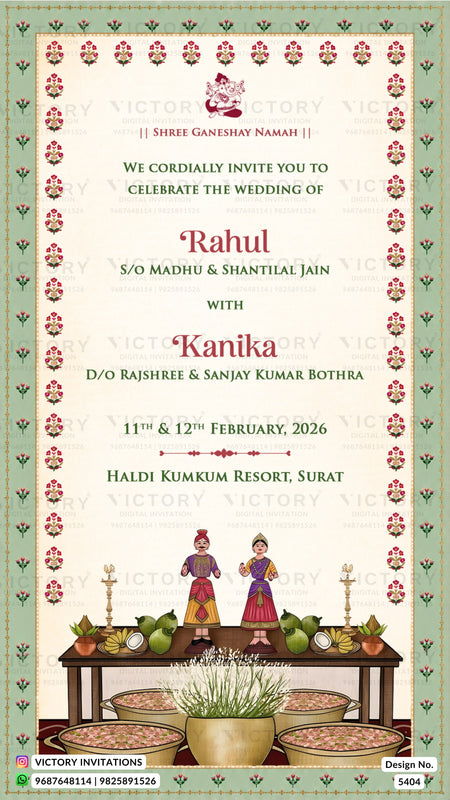 A traditional Indian wedding invitation card from Victory Invitations, featuring a cream-colored background with a green patterned border, red and black text, and an illustration of a decorated table with traditional attire at the bottom.