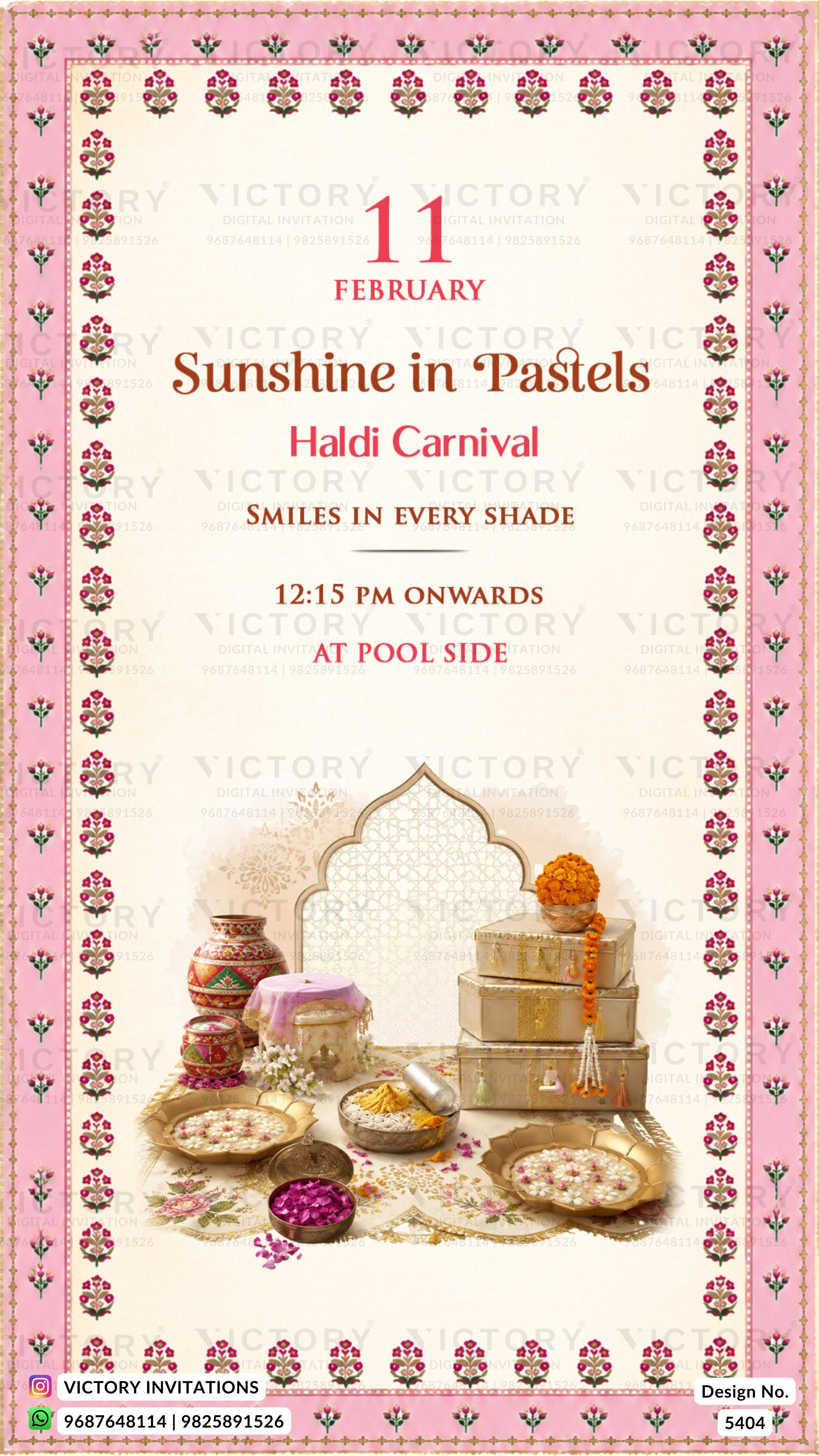 A festive Haldi Carnival invitation card from Victory Invitations, featuring a pink and cream border with traditional Indian motifs, and an illustration of a Haldi ceremony setup with mustard oil, turmeric paste, and sweets at the bottom.