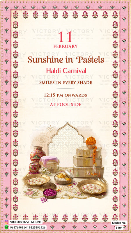 A festive Haldi Carnival invitation card from Victory Invitations, featuring a pink and cream border with traditional Indian motifs, and an illustration of a Haldi ceremony setup with mustard oil, turmeric paste, and sweets at the bottom.