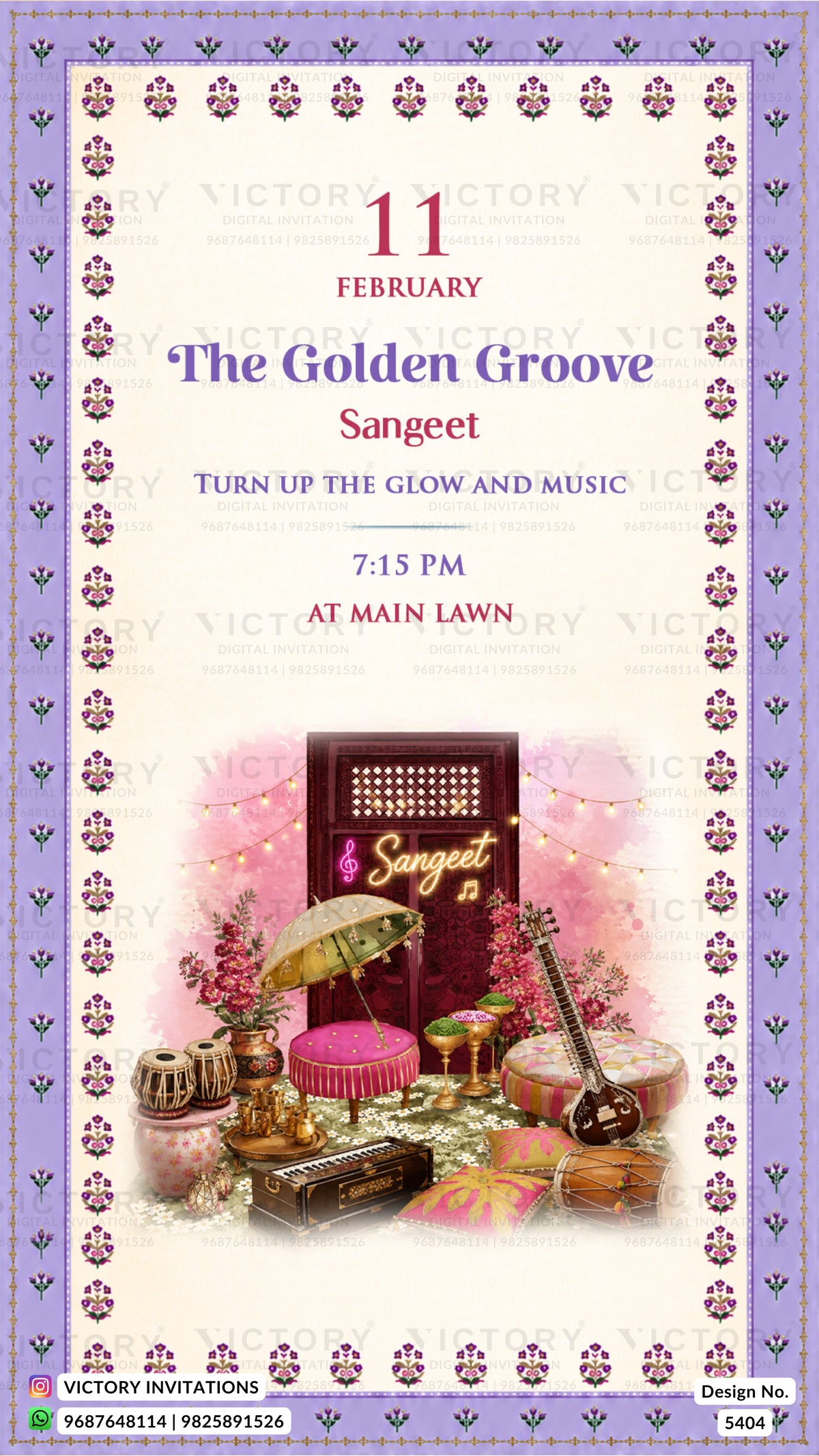 A digital invitation card design for an event titled 'The Golden Groove Sangeet' on 11th February at 7:15 PM at Main Lawn. The card features a light pink and white background with a purple border pattern, and an illustration of traditional Indian musical instruments including a sitar, tabla, and a pink microphone stand.