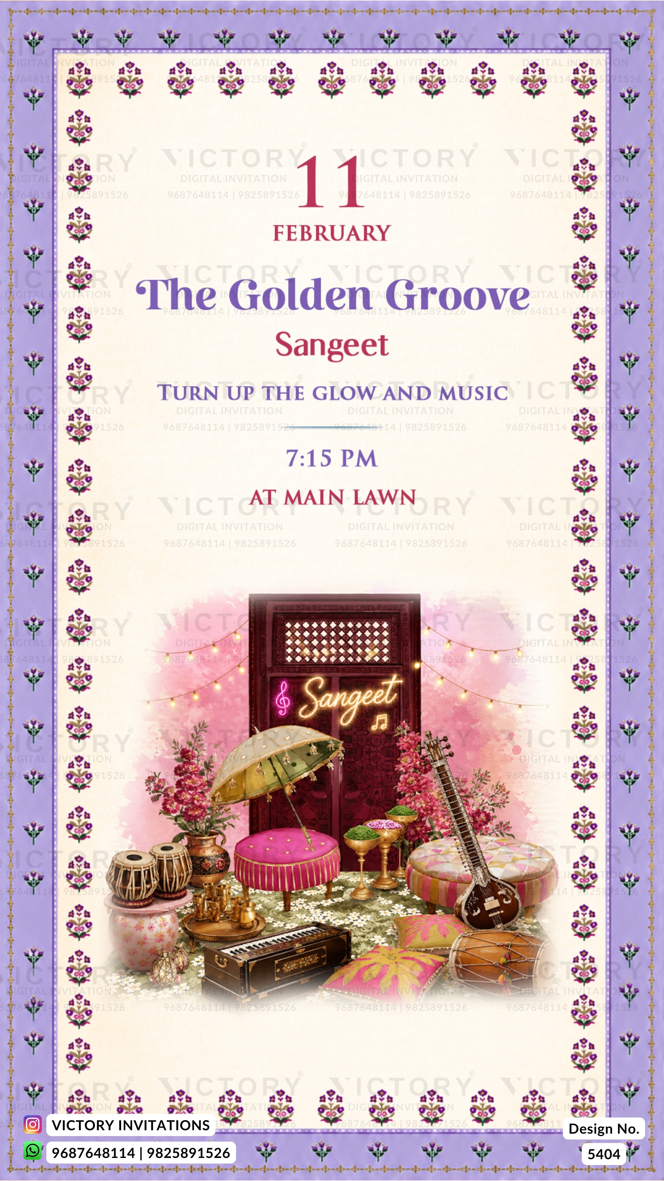 A digital invitation card design for an event titled 'The Golden Groove Sangeet' on 11th February at 7:15 PM at Main Lawn. The card features a light pink and white background with a purple border pattern, and an illustration of traditional Indian musical instruments including a sitar, tabla, and a pink microphone stand.