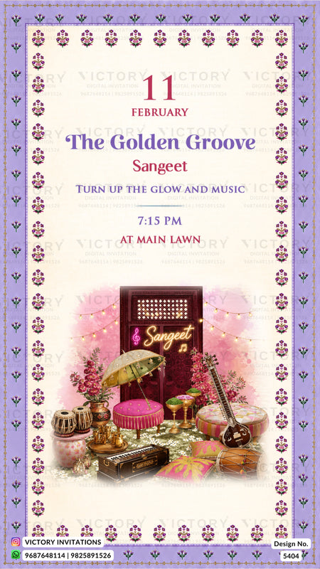 A digital invitation card design for an event titled 'The Golden Groove Sangeet' on 11th February at 7:15 PM at Main Lawn. The card features a light pink and white background with a purple border pattern, and an illustration of traditional Indian musical instruments including a sitar, tabla, and a pink microphone stand.