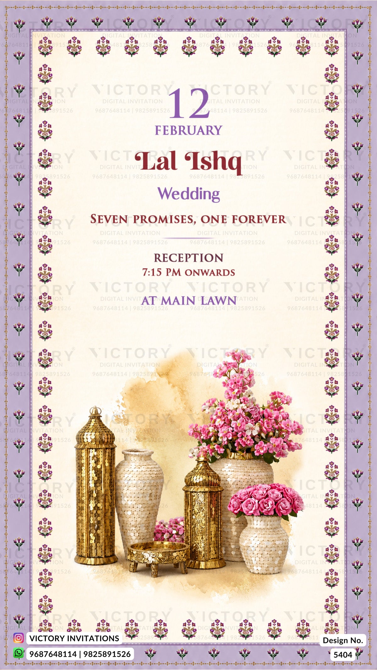A wedding invitation card design with a lavender patterned border, cream background, and decorative floral and metallic vessel illustrations. The text reads '12 February Lal Ishq Wedding' with reception details at the main lawn.
