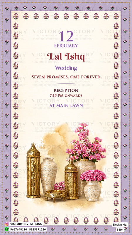 A wedding invitation card design with a lavender patterned border, cream background, and decorative floral and metallic vessel illustrations. The text reads '12 February Lal Ishq Wedding' with reception details at the main lawn.
