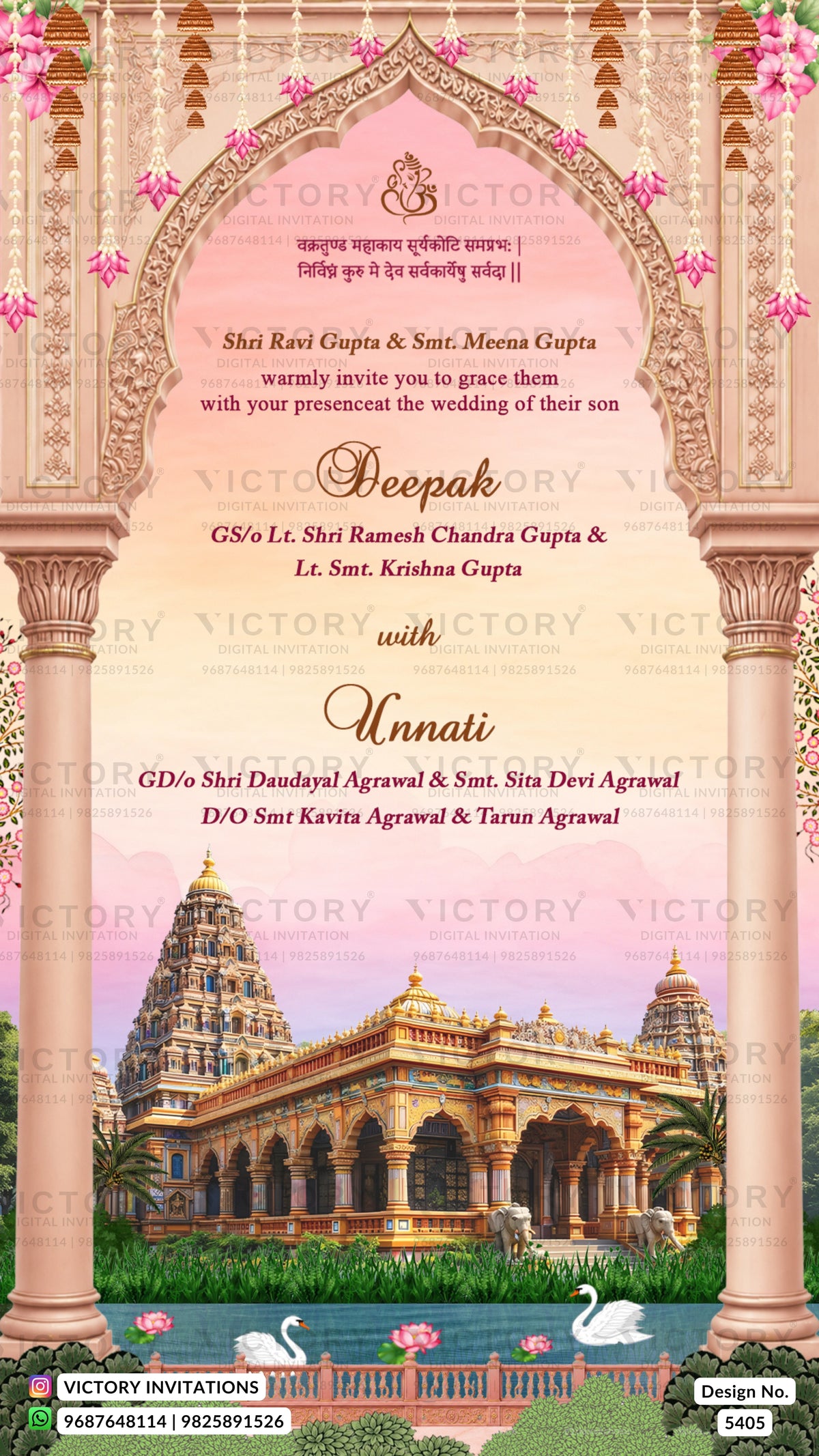 A wedding invitation card featuring an ornate pink and gold archway design, columns, floral accents, and a temple illustration at the bottom. The card includes wedding details in English and Hindi and is branded with Victory Invitations.