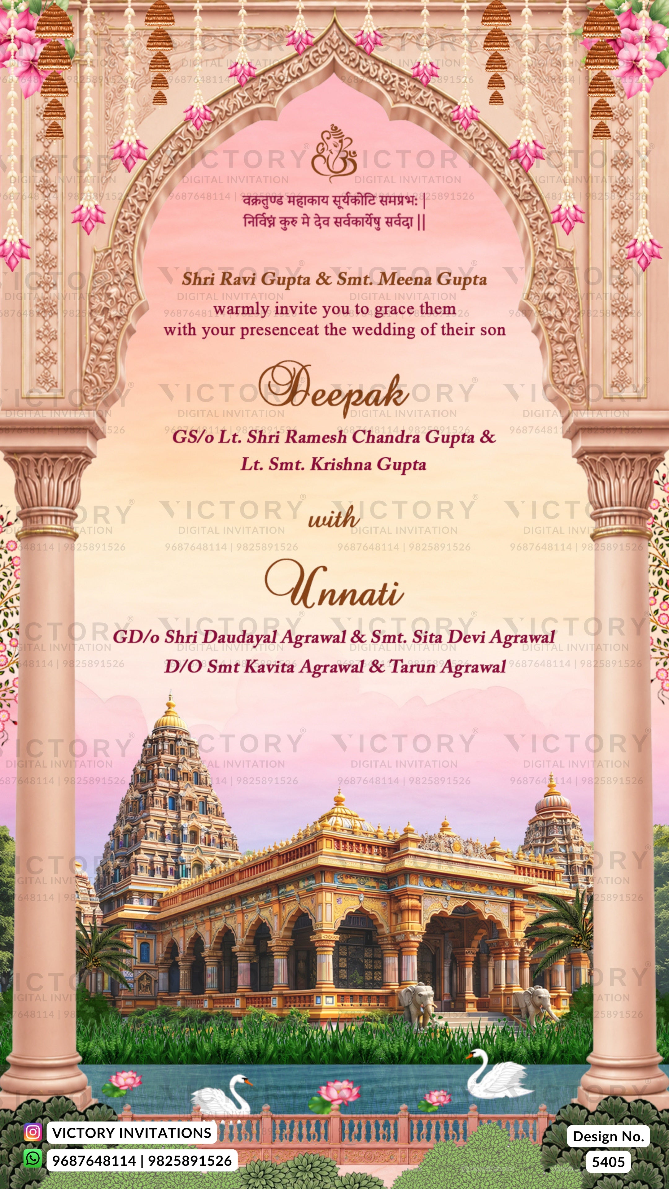 A wedding invitation card featuring an ornate pink and gold archway design, columns, floral accents, and a temple illustration at the bottom. The card includes wedding details in English and Hindi and is branded with Victory Invitations.