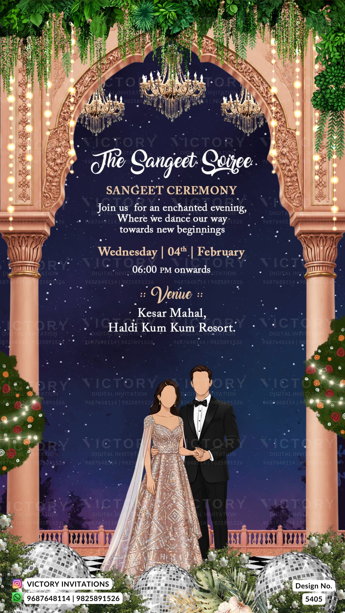 A digital invitation card for a Sangeet Ceremony, featuring an ornate golden archway, hanging green vines, chandeliers, and a couple in formal wedding attire against a starry night sky background. The text details the event date, time, and venue.