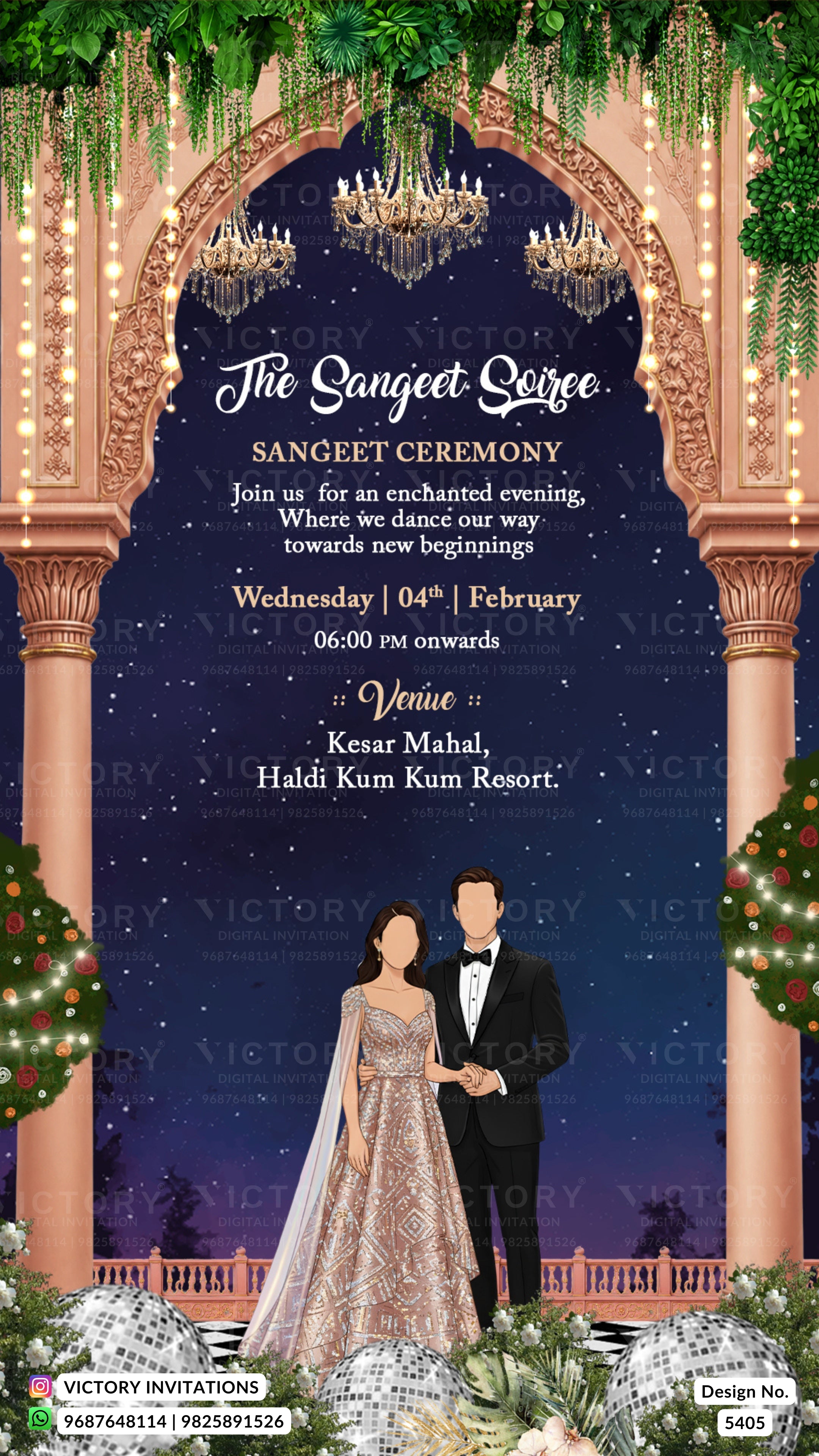 A digital invitation card for a Sangeet Ceremony, featuring an ornate golden archway, hanging green vines, chandeliers, and a couple in formal wedding attire against a starry night sky background. The text details the event date, time, and venue.