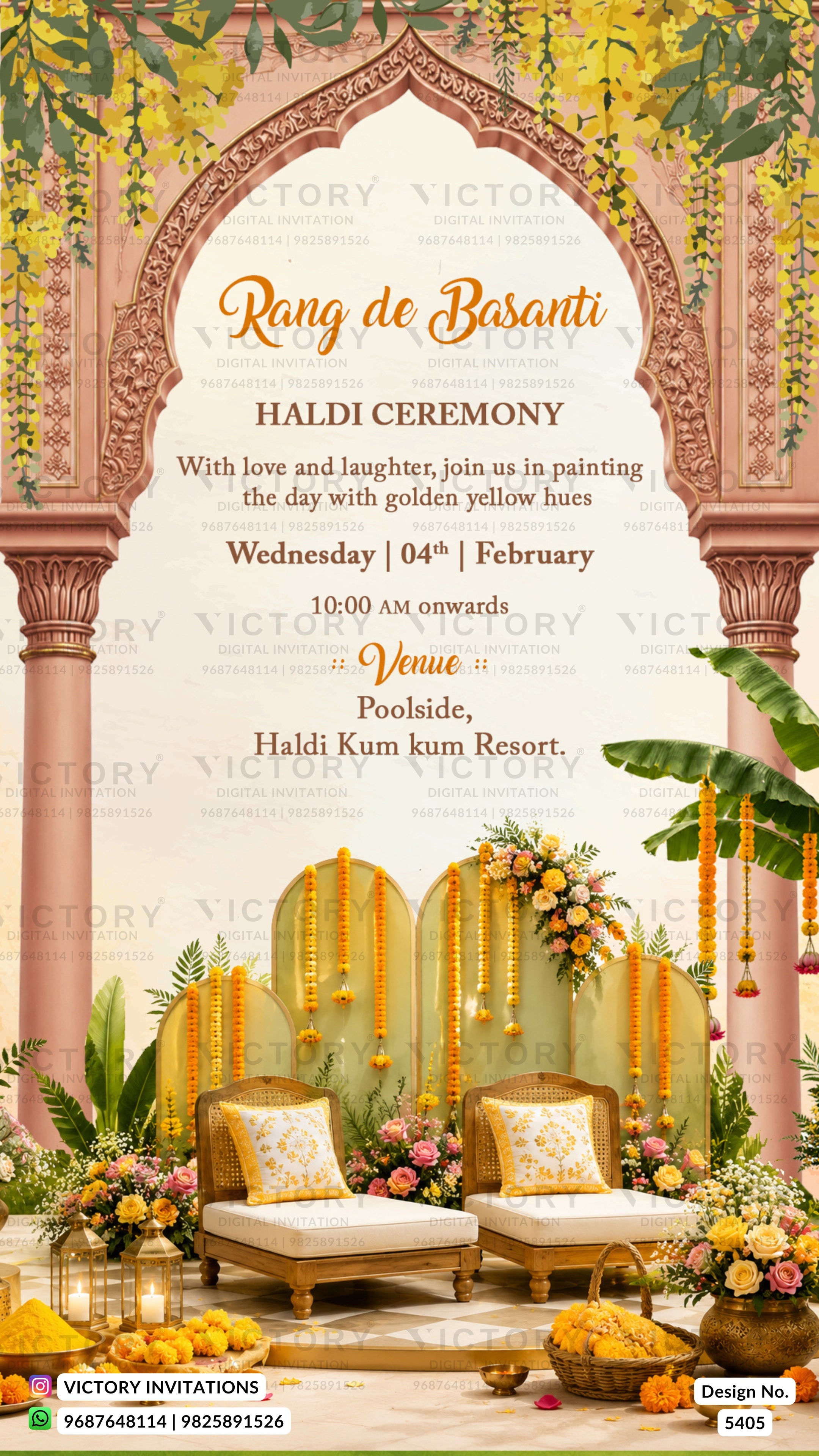 A decorative Rang de Basanti / Haldi ceremony invitation card design with an ornate pink arch, hanging marigold garlands, floral arrangements, two cushioned chairs, and event text on a cream background.