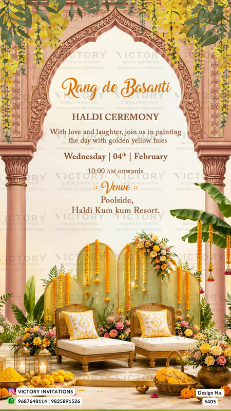 A decorative Rang de Basanti / Haldi ceremony invitation card design with an ornate pink arch, hanging marigold garlands, floral arrangements, two cushioned chairs, and event text on a cream background.