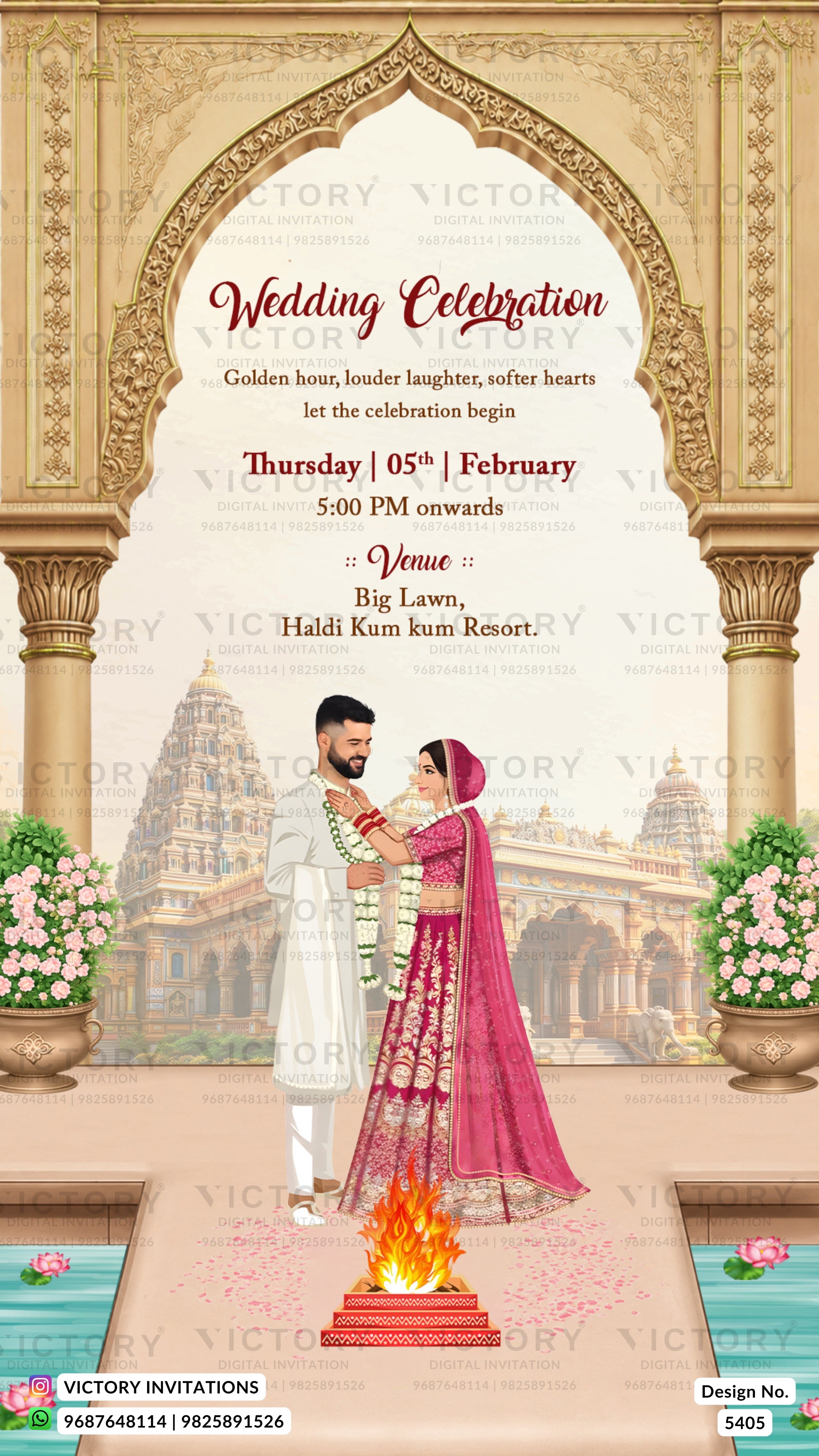 A digital wedding invitation card featuring an ornate golden archway illustration, a couple in traditional Indian attire, and event details for a February 05th wedding at Haidi Kum Kuan Resort.