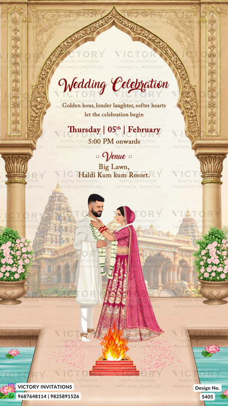 A digital wedding invitation card featuring an ornate golden archway illustration, a couple in traditional Indian attire, and event details for a February 05th wedding at Haidi Kum Kuan Resort.