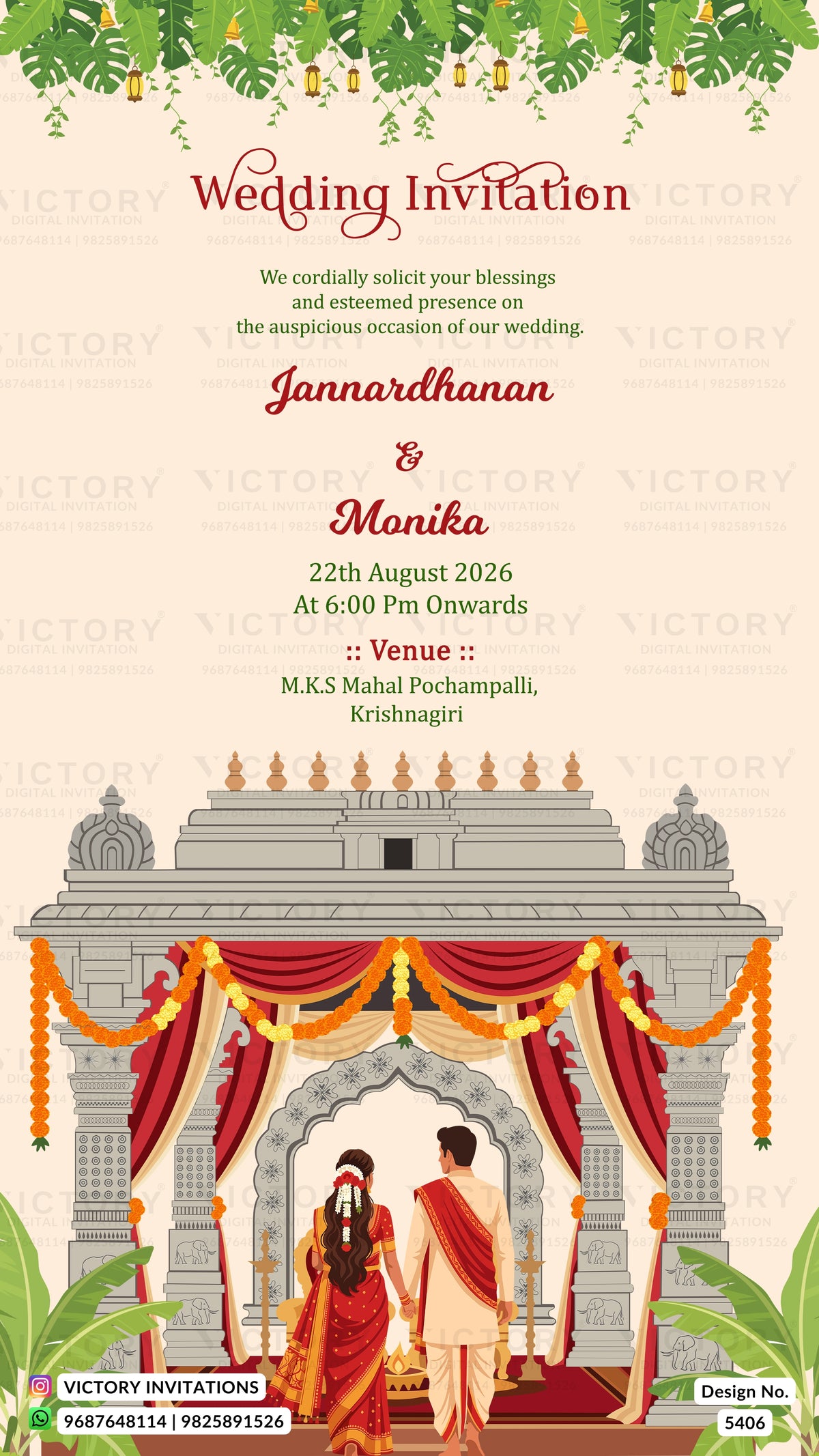 A wedding invitation card design featuring a traditional Indian wedding scene with a couple under a decorated arch, set against a cream background with red and green decorative elements and text details.