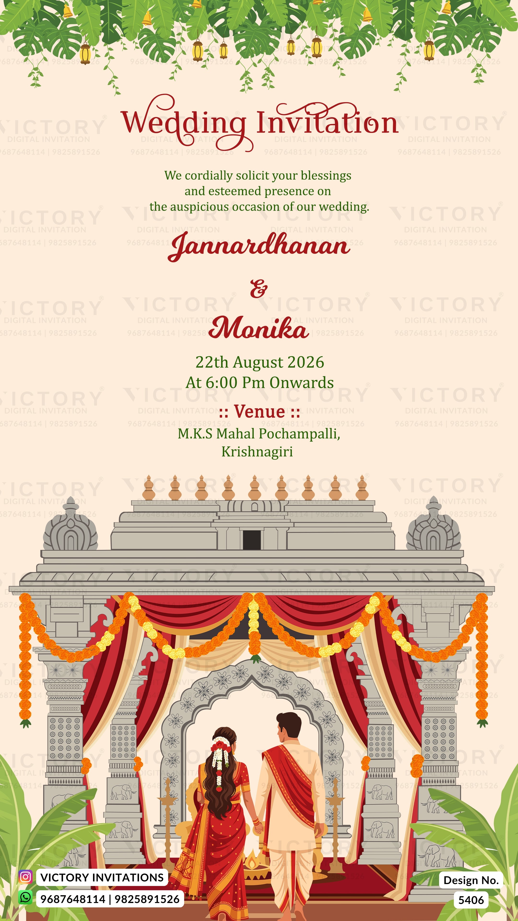 A wedding invitation card design featuring a traditional Indian wedding scene with a couple under a decorated arch, set against a cream background with red and green decorative elements and text details.