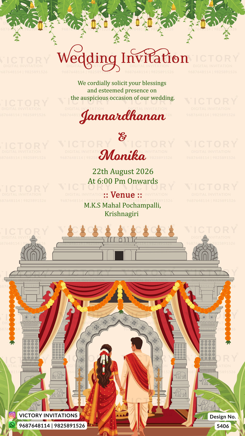 A wedding invitation card design featuring a traditional Indian wedding scene with a couple under a decorated arch, set against a cream background with red and green decorative elements and text details.