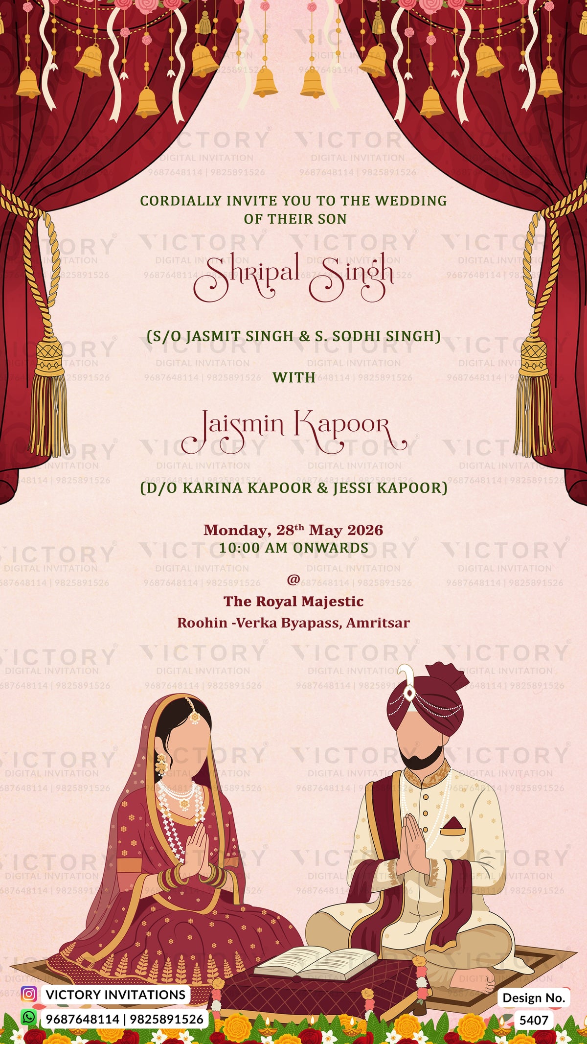 A digital Indian wedding invitation card design featuring red curtains, hanging gold ornaments, and an illustration of a bride and groom in traditional Indian attire at the bottom. The text details the wedding of Shripal Singh with Jaismin Kapoor.