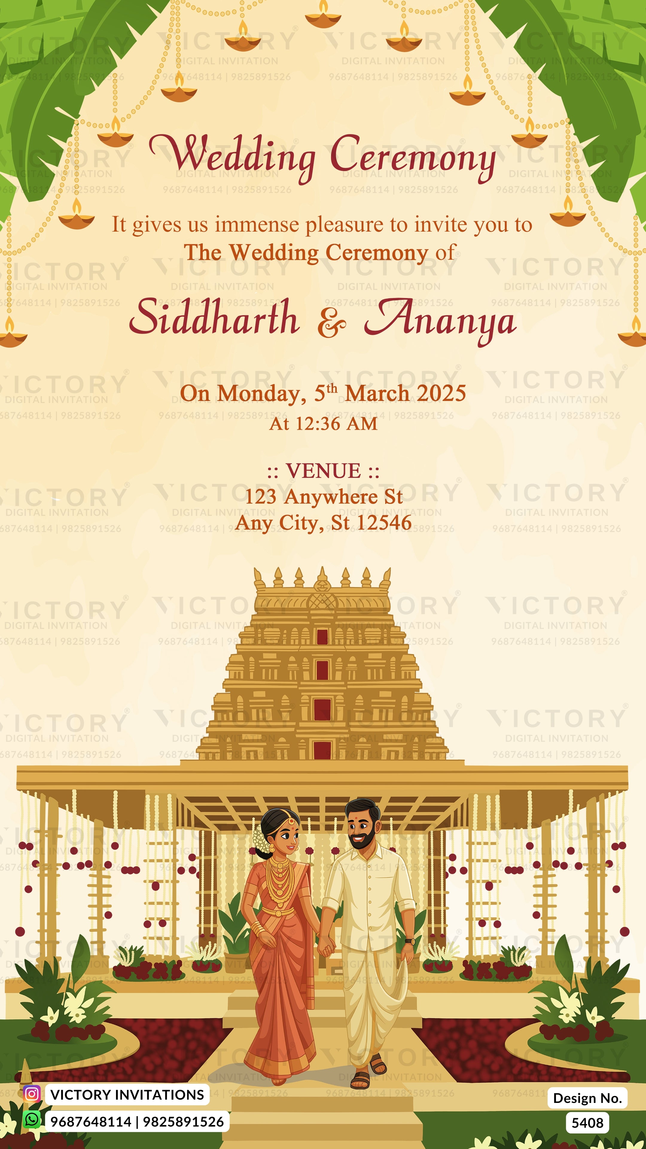 A digital invitation card for a Hindu wedding ceremony, featuring elegant gold and red typography on a warm cream background, decorated with hanging lamps, green leaves, and an illustration of a temple and a couple in traditional attire at the bottom.