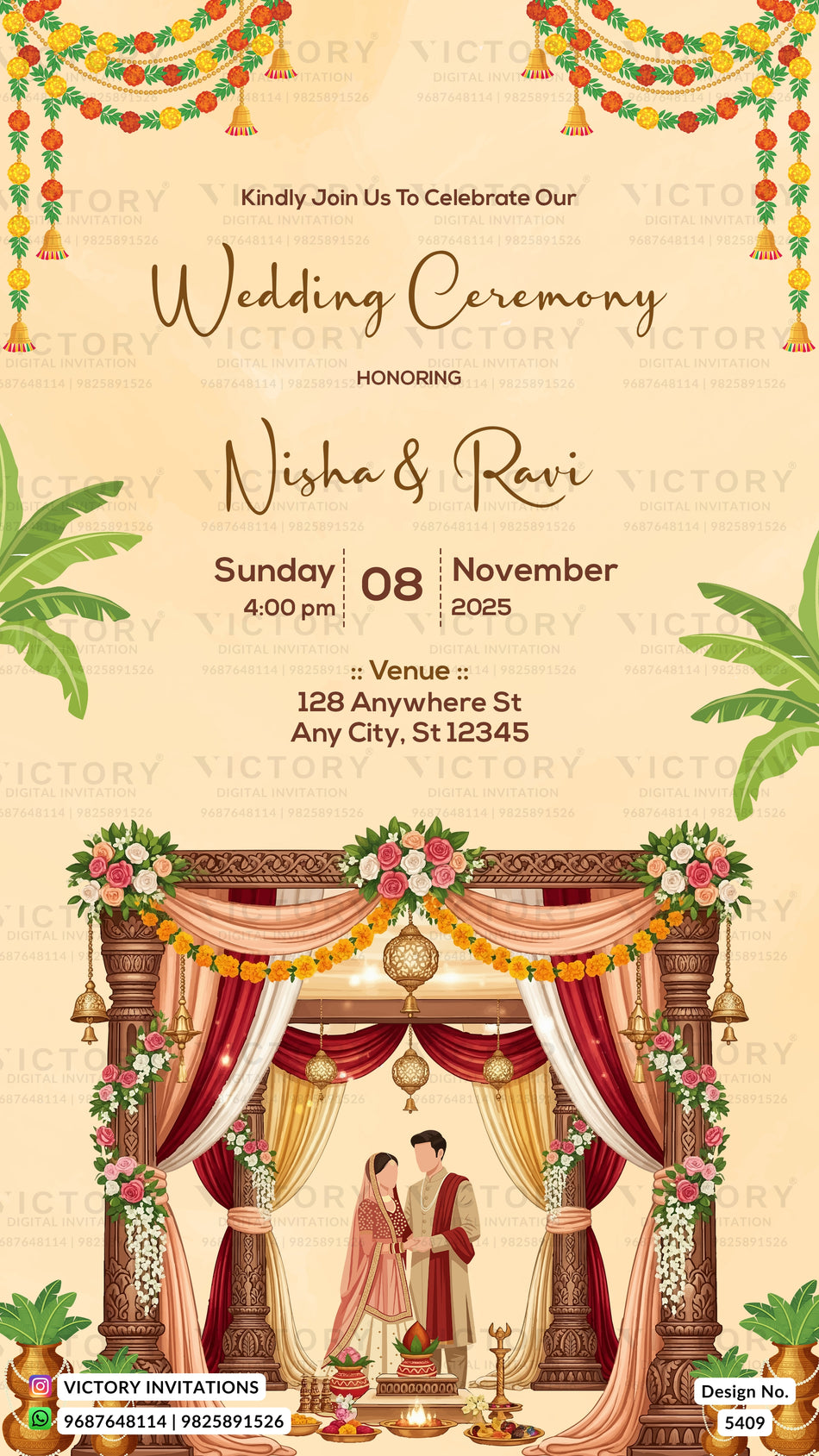 Wedding ceremony invitation card of hindu  in english language with Grand Royal Carved Mandap theme design 5409