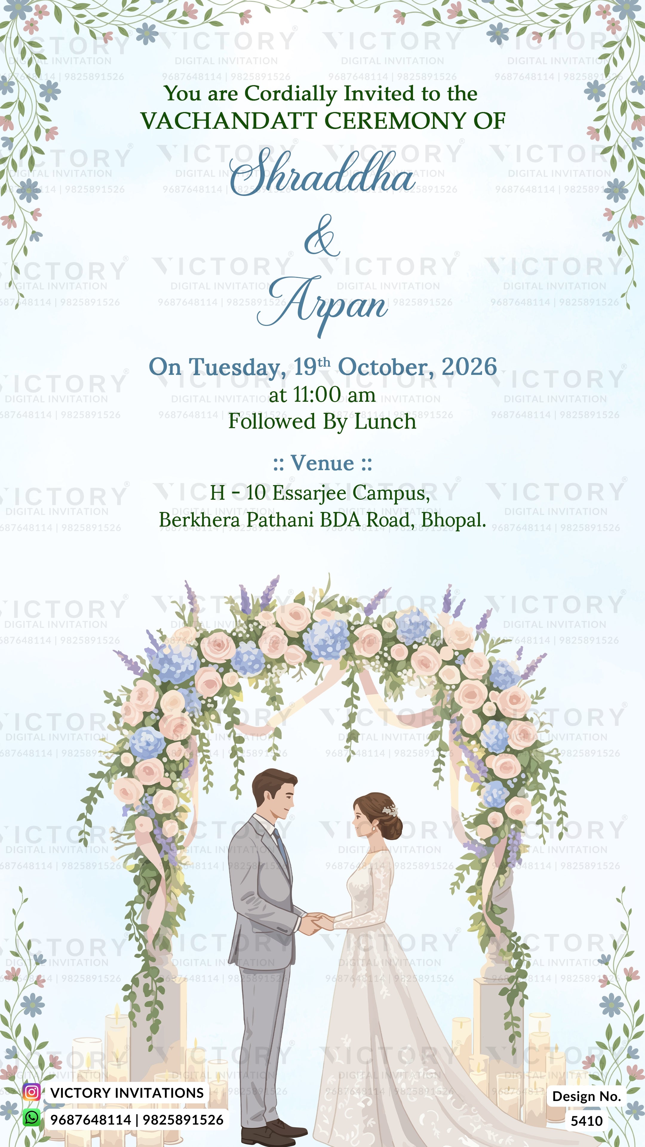 A digital invitation card for a Vachandatt ceremony, featuring a floral arch illustration of a bride and groom under a light blue sky, with elegant text details and a decorative watercolor border.