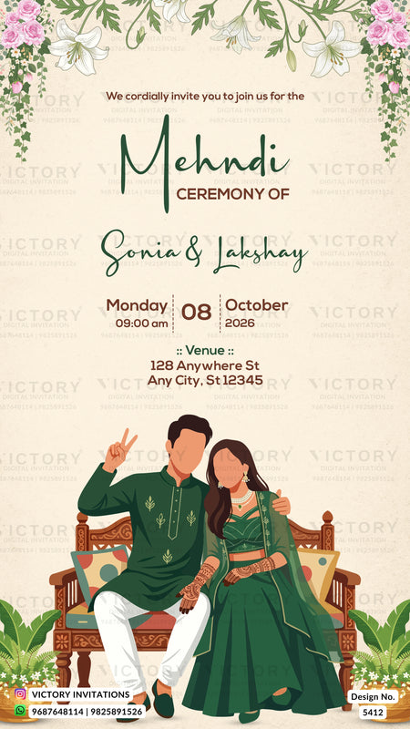 A digital mockup of a Mehndi ceremony invitation card featuring an illustration of a couple in traditional Indian attire sitting on a wooden bench, framed by floral borders at the top and bottom.