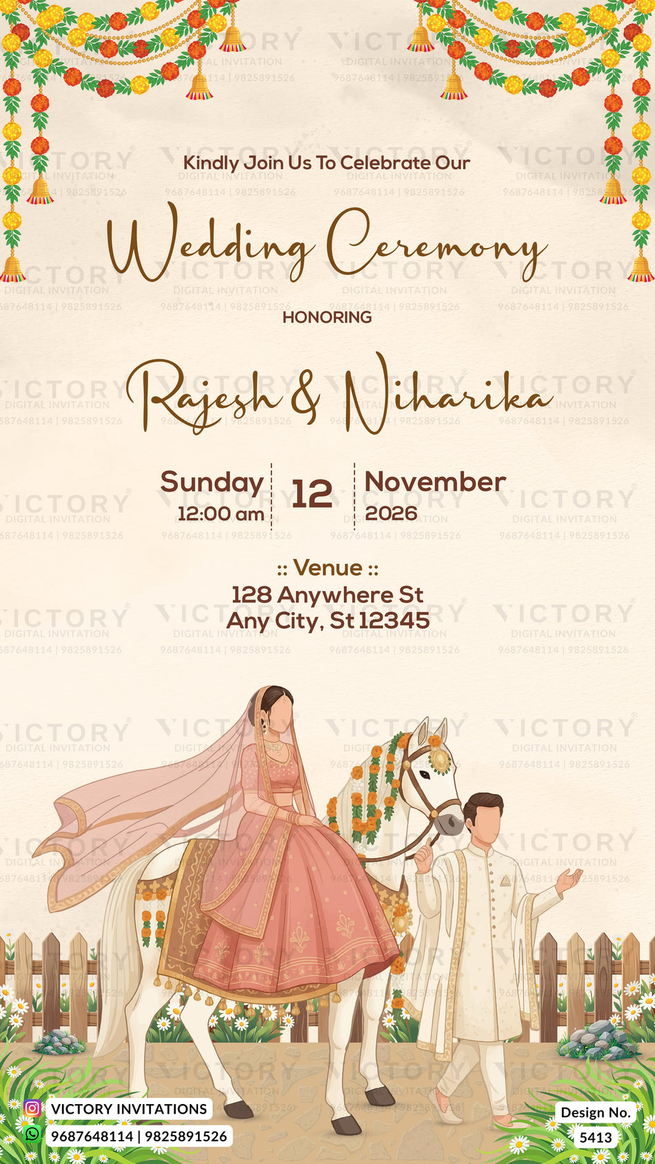 Wedding ceremony invitation card of hindu indian family in english language with Bride on Horseback theme design 5413