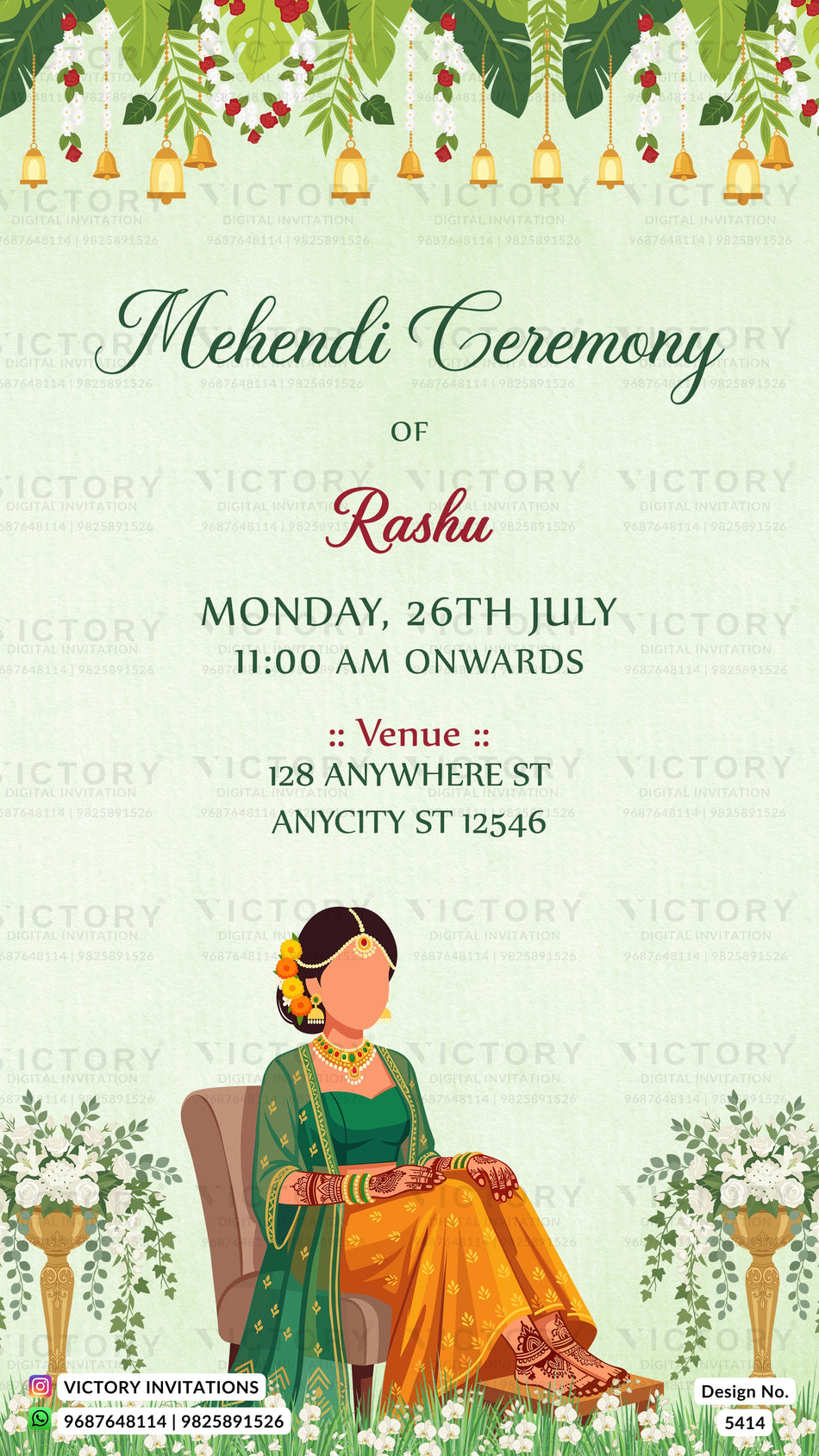 Mehendi ceremony invitation card in english language with botanical tropical greenery and bride doodle theme design 5414