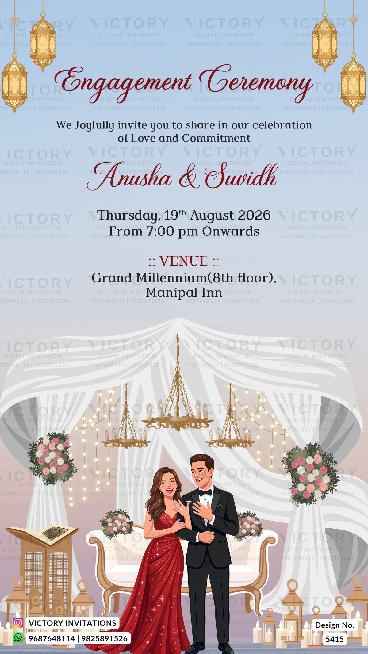 Engagement ceremony invitation card with a light blue background, hanging lantern illustrations, and a central white draped wedding scene featuring a bride and groom illustration. The text reads 'Engagement Ceremony' and includes event details for Anusha & Swithd at Grand Millennium(8th floor), Manipal Inn.