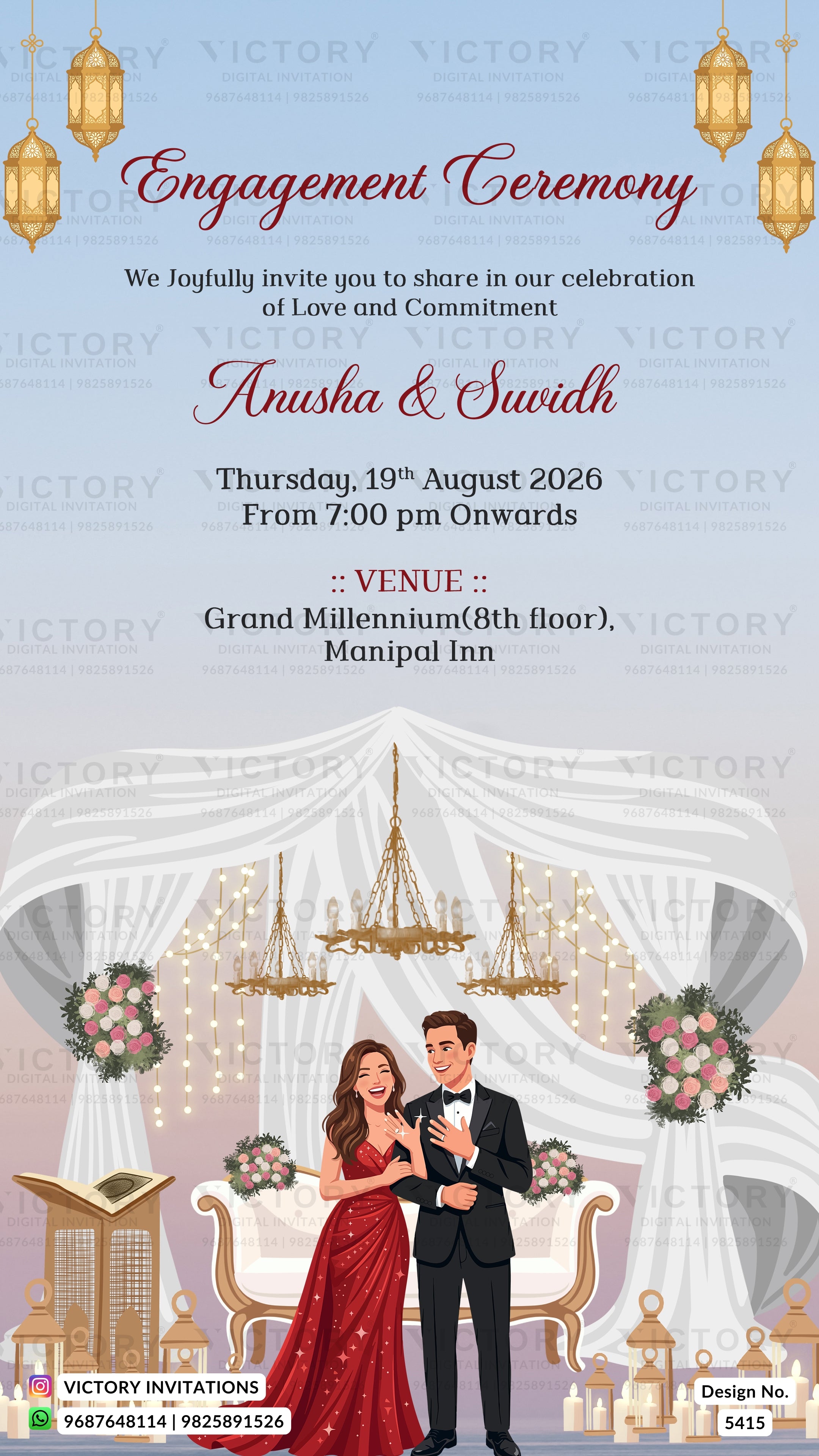 Engagement ceremony invitation card with a light blue background, hanging lantern illustrations, and a central white draped wedding scene featuring a bride and groom illustration. The text reads 'Engagement Ceremony' and includes event details for Anusha & Swithd at Grand Millennium(8th floor), Manipal Inn.
