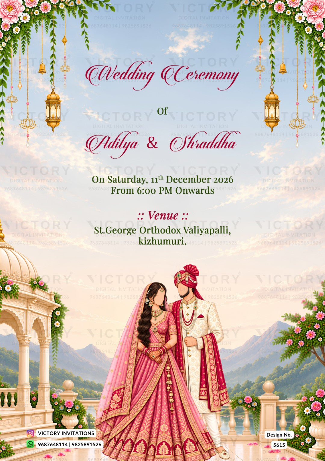 A digital wedding invitation card featuring a traditional Indian wedding theme. The design has a light blue sky background with clouds, mountains, and a couple in ornate pink and red traditional wedding attire.
